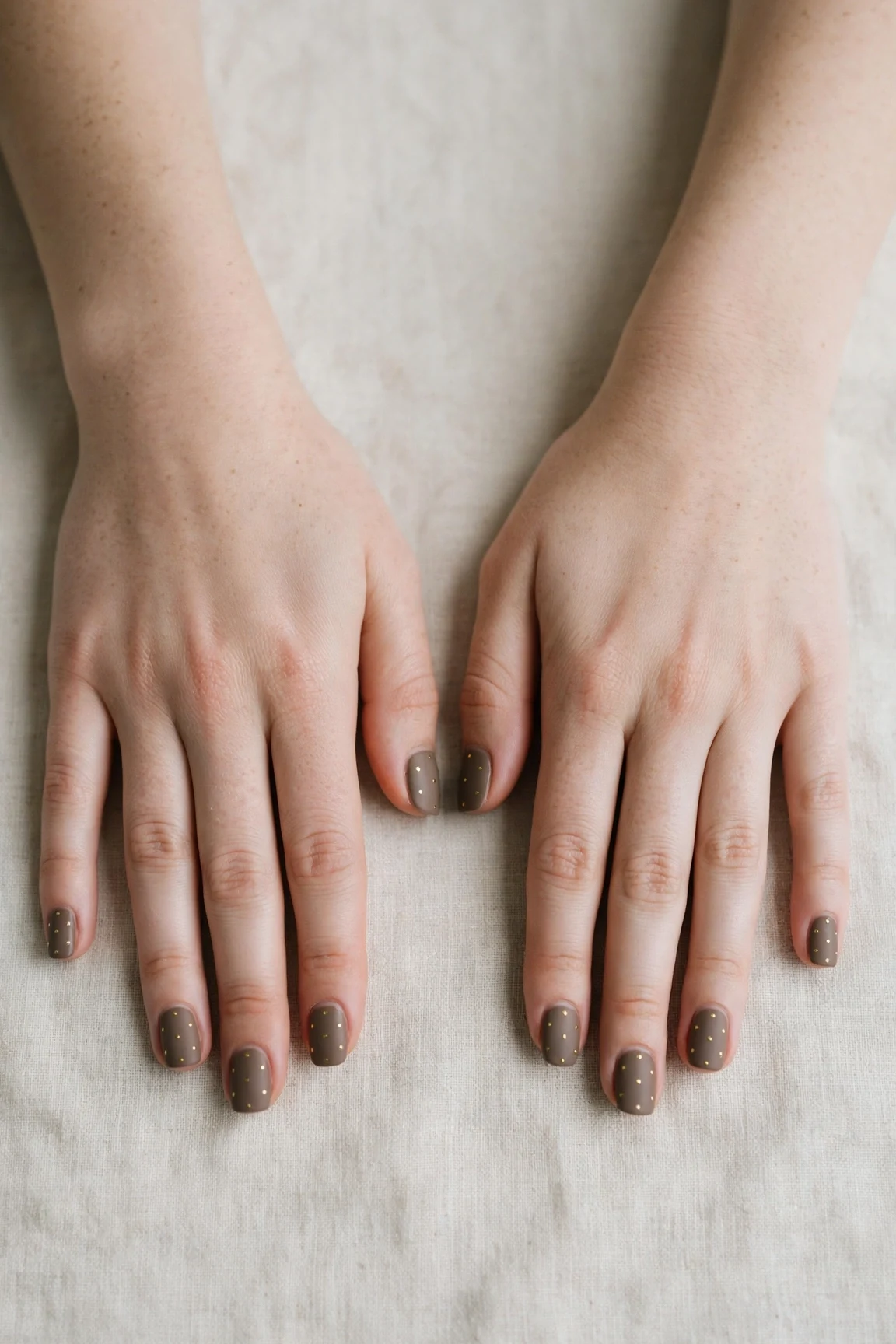 Squoval Brown Neutral Matte Christmas Nails with a creamy opaque finish and tiny gold dots