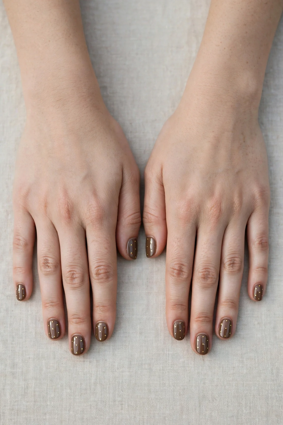 Short Round Brown Neutral Matte Christmas Nails with a deep glossy shine and tiny gold dots