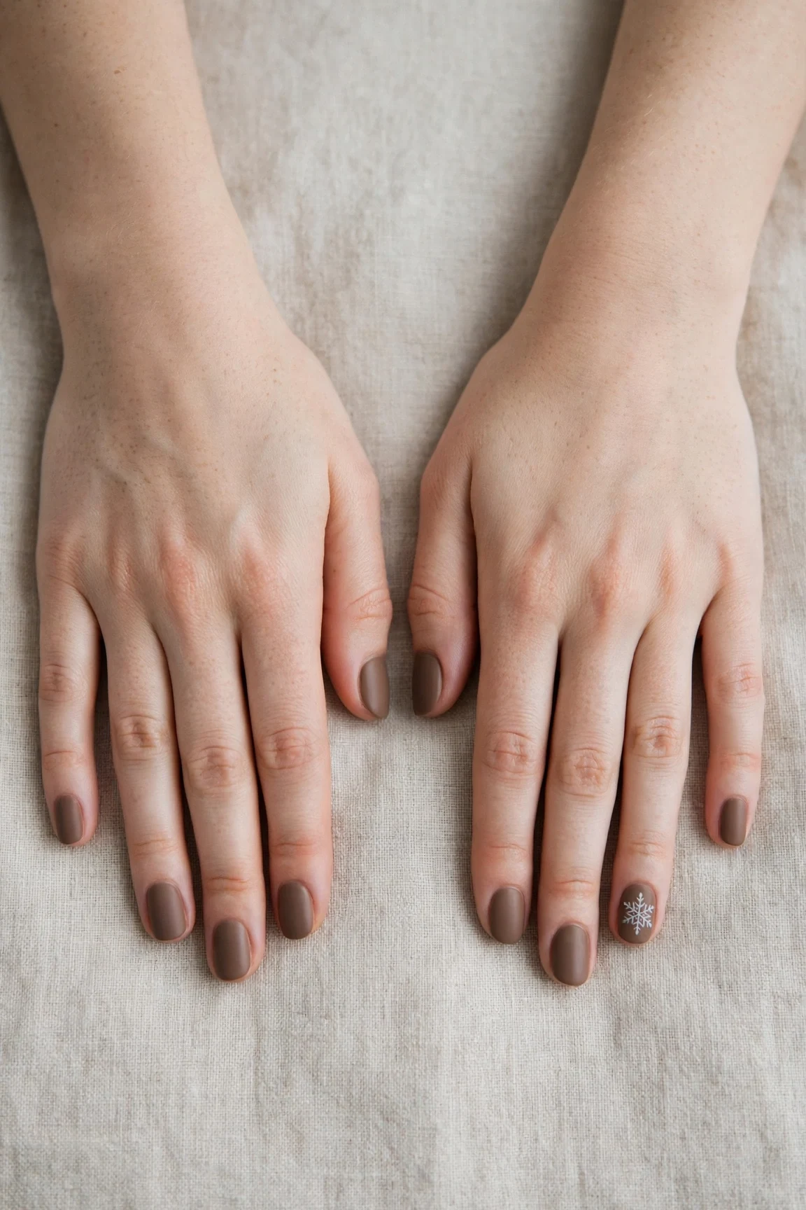 Oval Brown Neutral Matte Christmas Nails with a velvet matte finish and a delicate snowflake on the ring finger