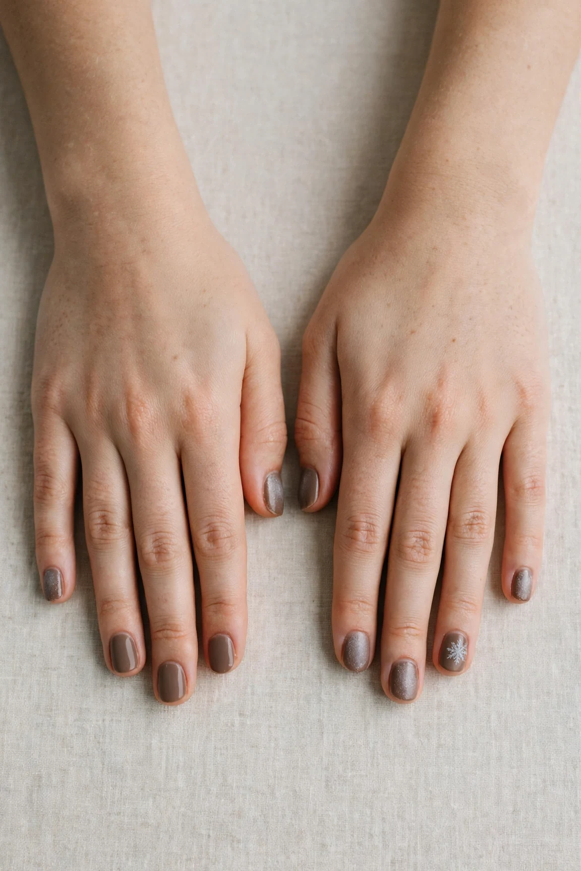 Short Round Brown Neutral Matte Christmas Nails with a frosted shimmer finish and a delicate snowflake on the ring finger