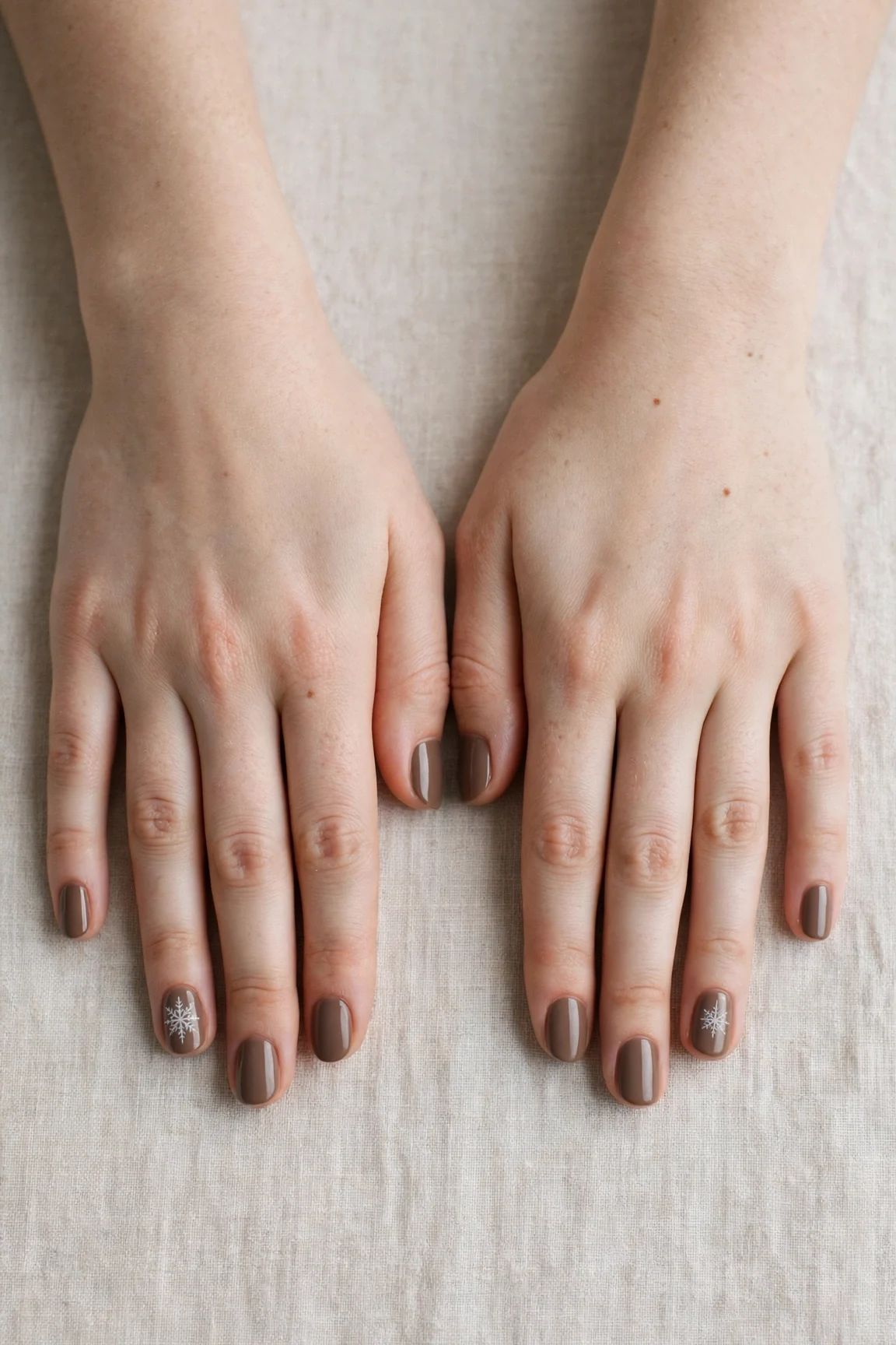 Oval Brown Neutral Matte Christmas Nails with a satin finish and a delicate snowflake on the ring finger