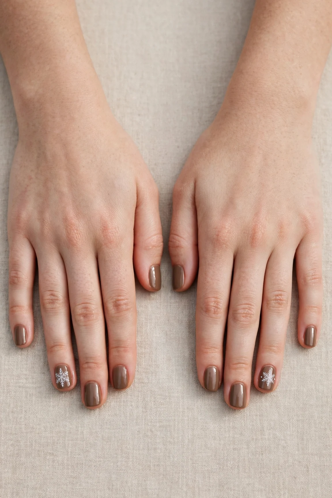 Short Square Brown Neutral Matte Christmas Nails with a glassy gel finish and a delicate snowflake on the ring finger