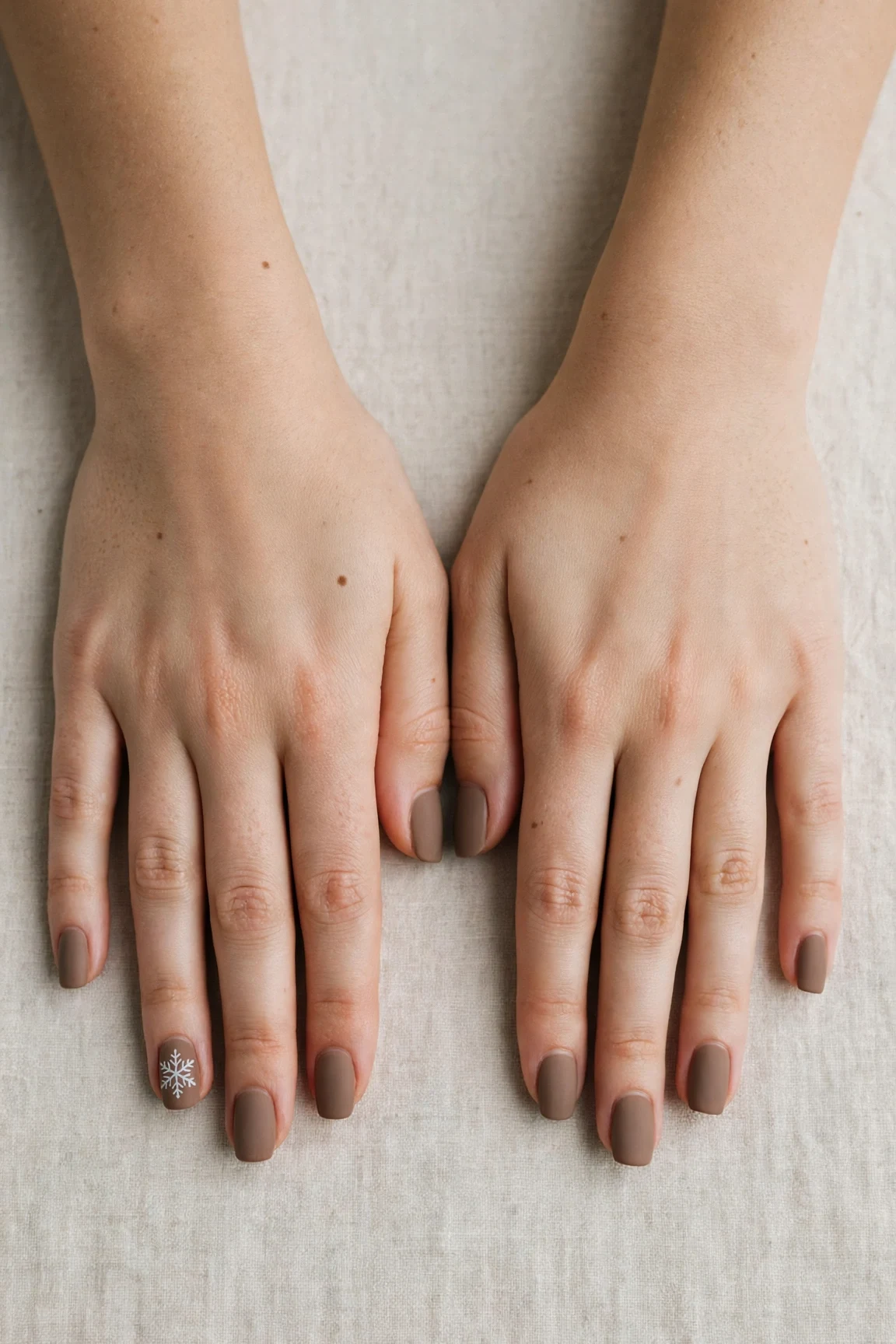 Squoval Brown Neutral Matte Christmas Nails with a creamy opaque finish and a delicate snowflake on the ring finger