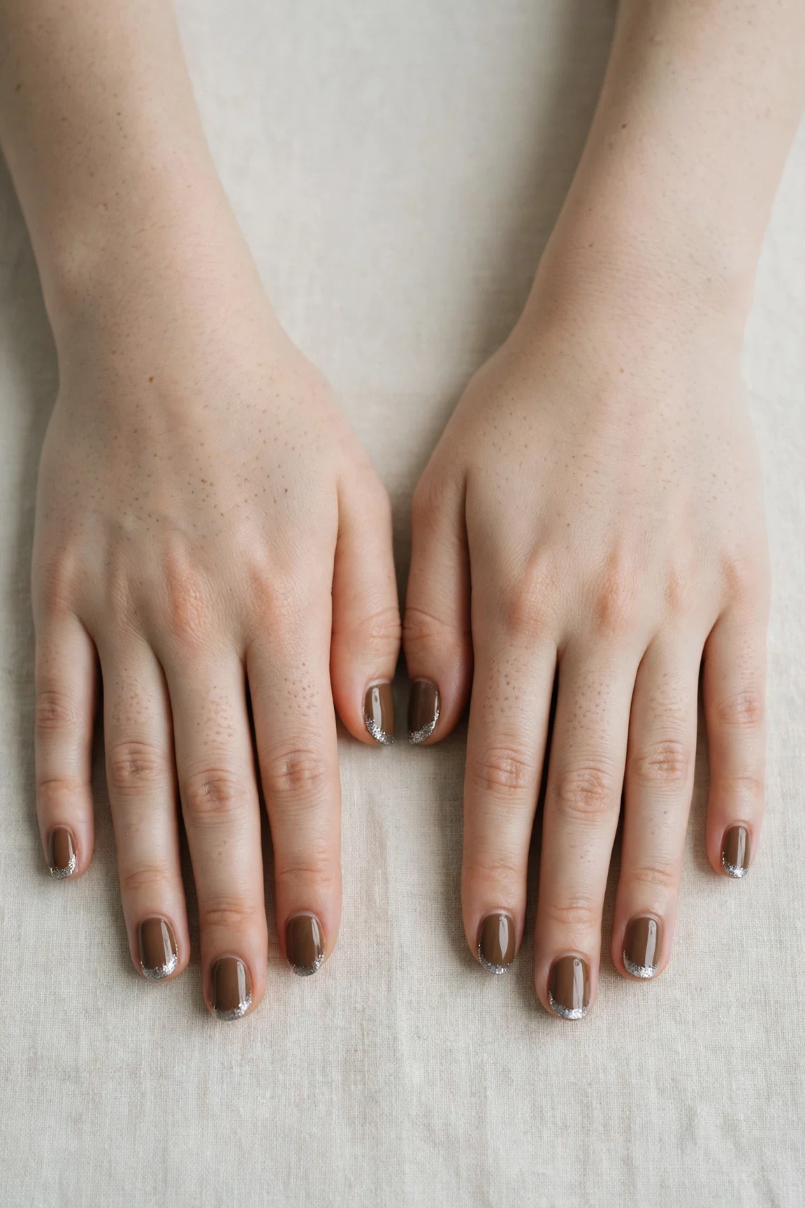 Short Oval Brown Neutral Matte Christmas Nails with a high-gloss finish and silver shimmer tips