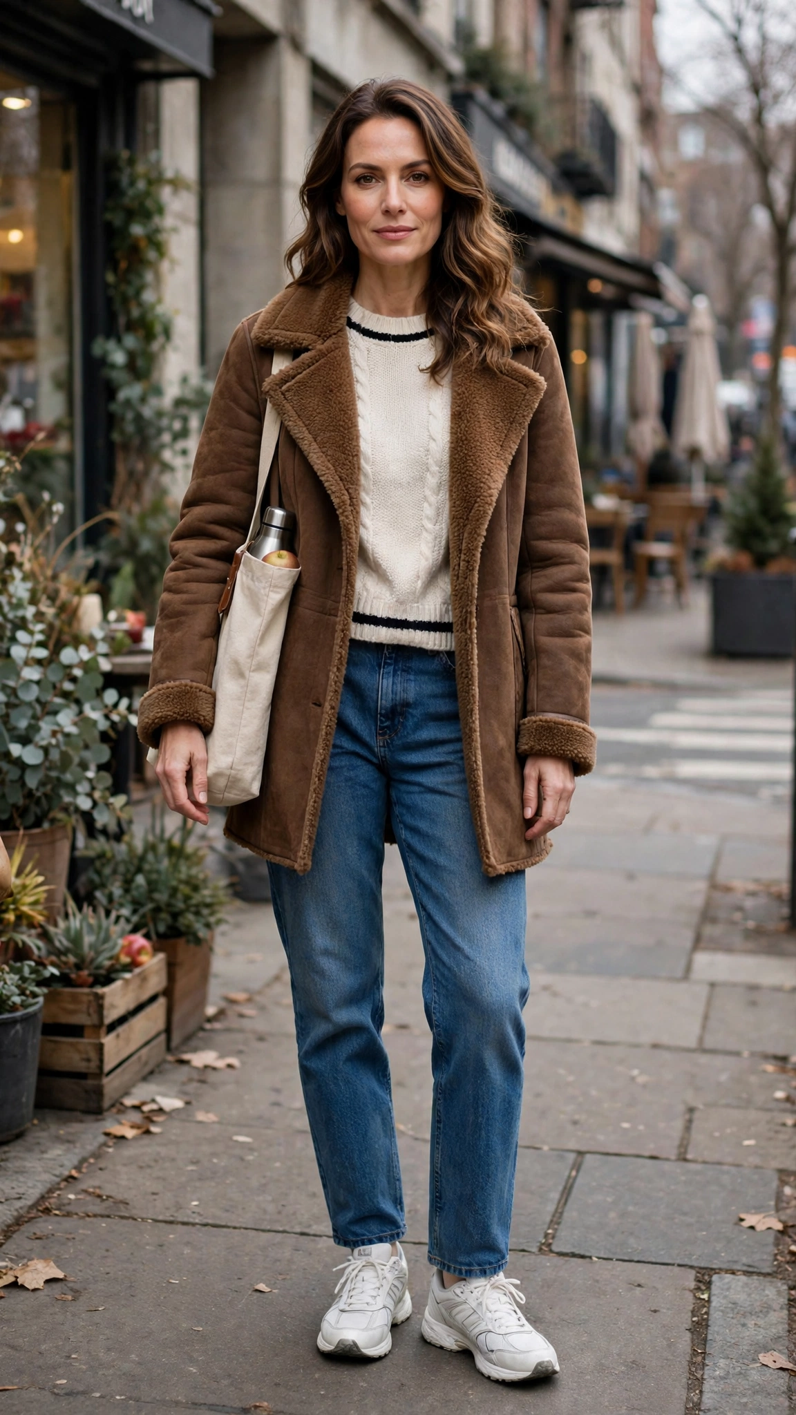 Brown shearling coat outfit with blue jeans for weekend errands