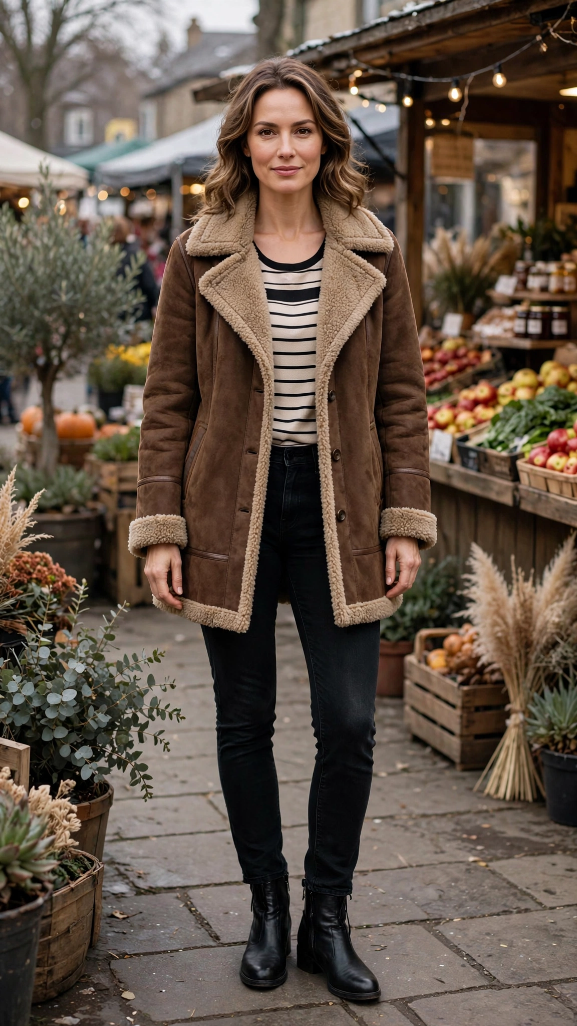 Black Accent Brown Shearling Coat with black jeans