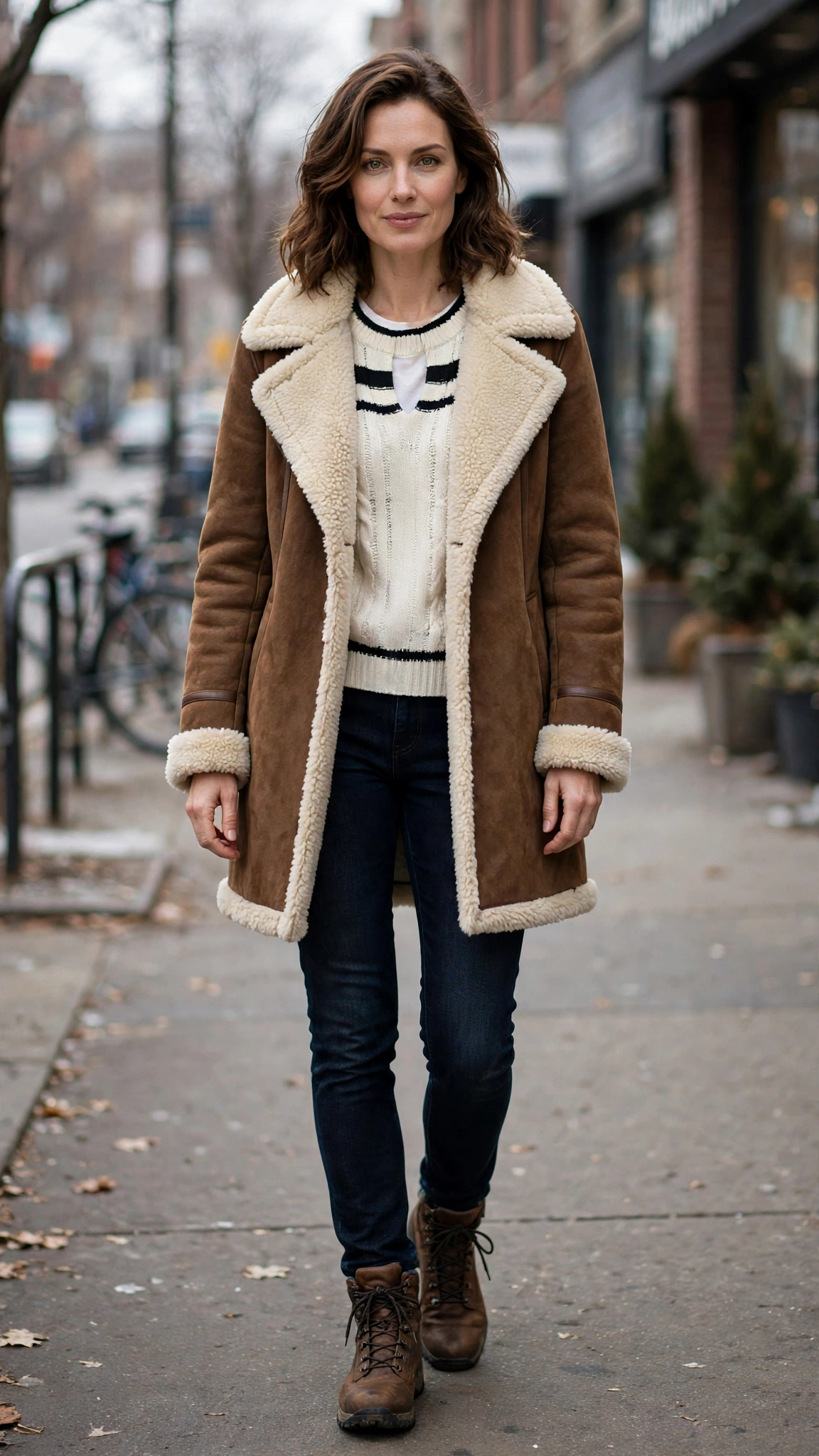 Black Accent Brown Shearling Coat with dark jeans