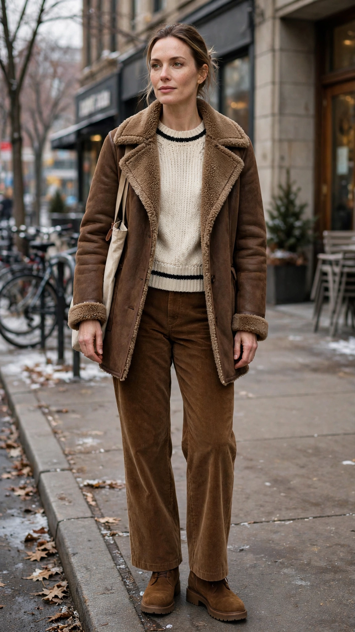 Black Accent Brown Shearling Coat with corduroy trousers
