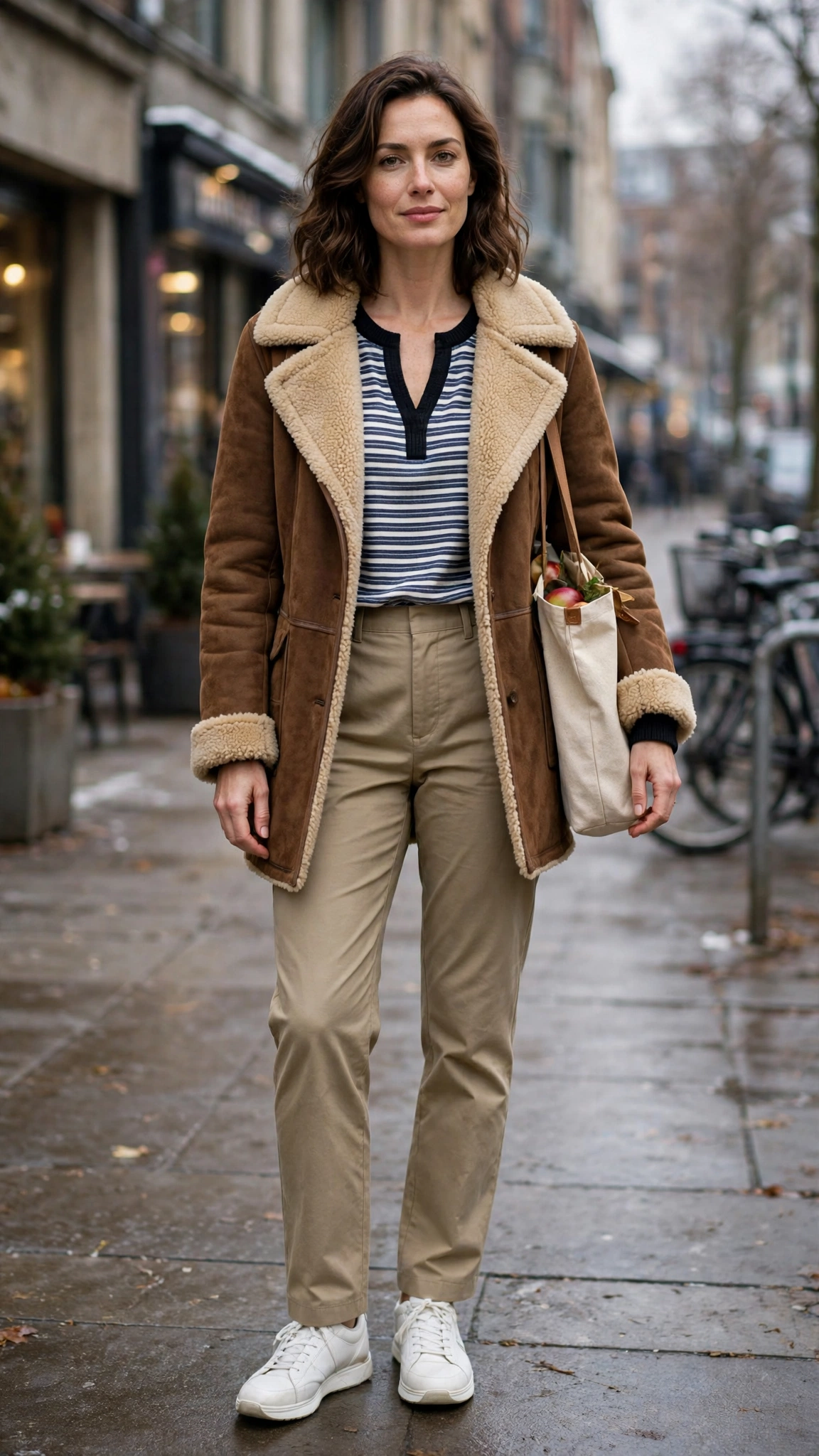 Black Accent Brown Shearling Coat with khaki trousers