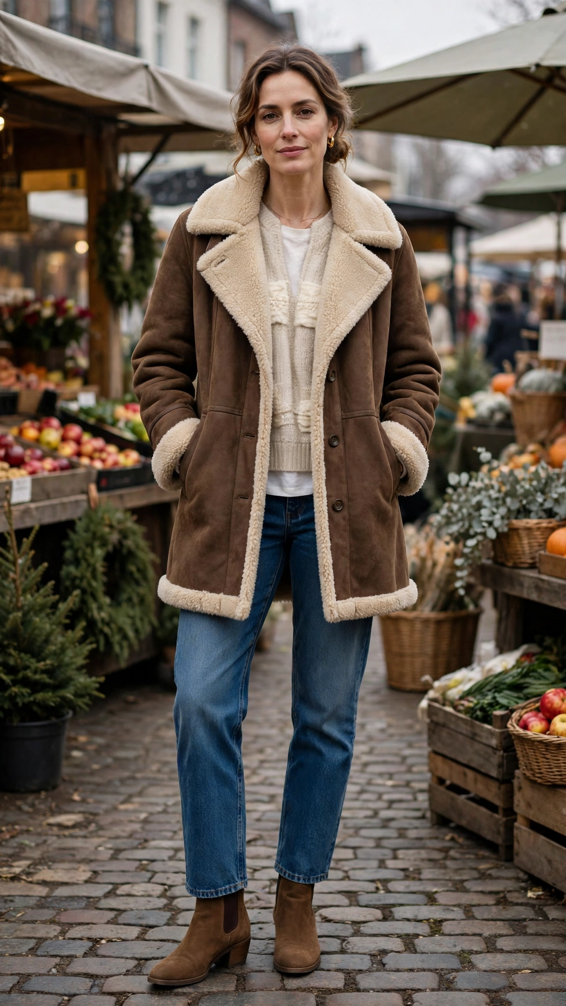 Cream Accent Brown Shearling Coat with blue jeans