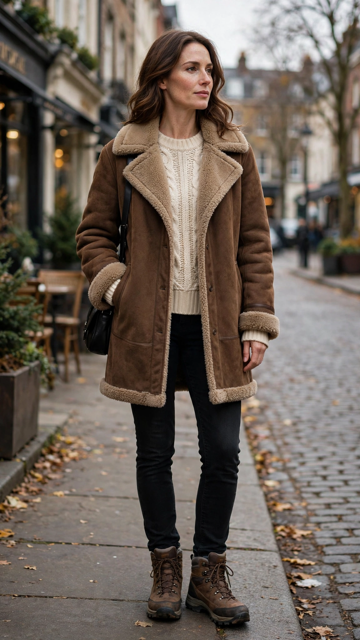 Cream Accent Brown Shearling Coat with black jeans