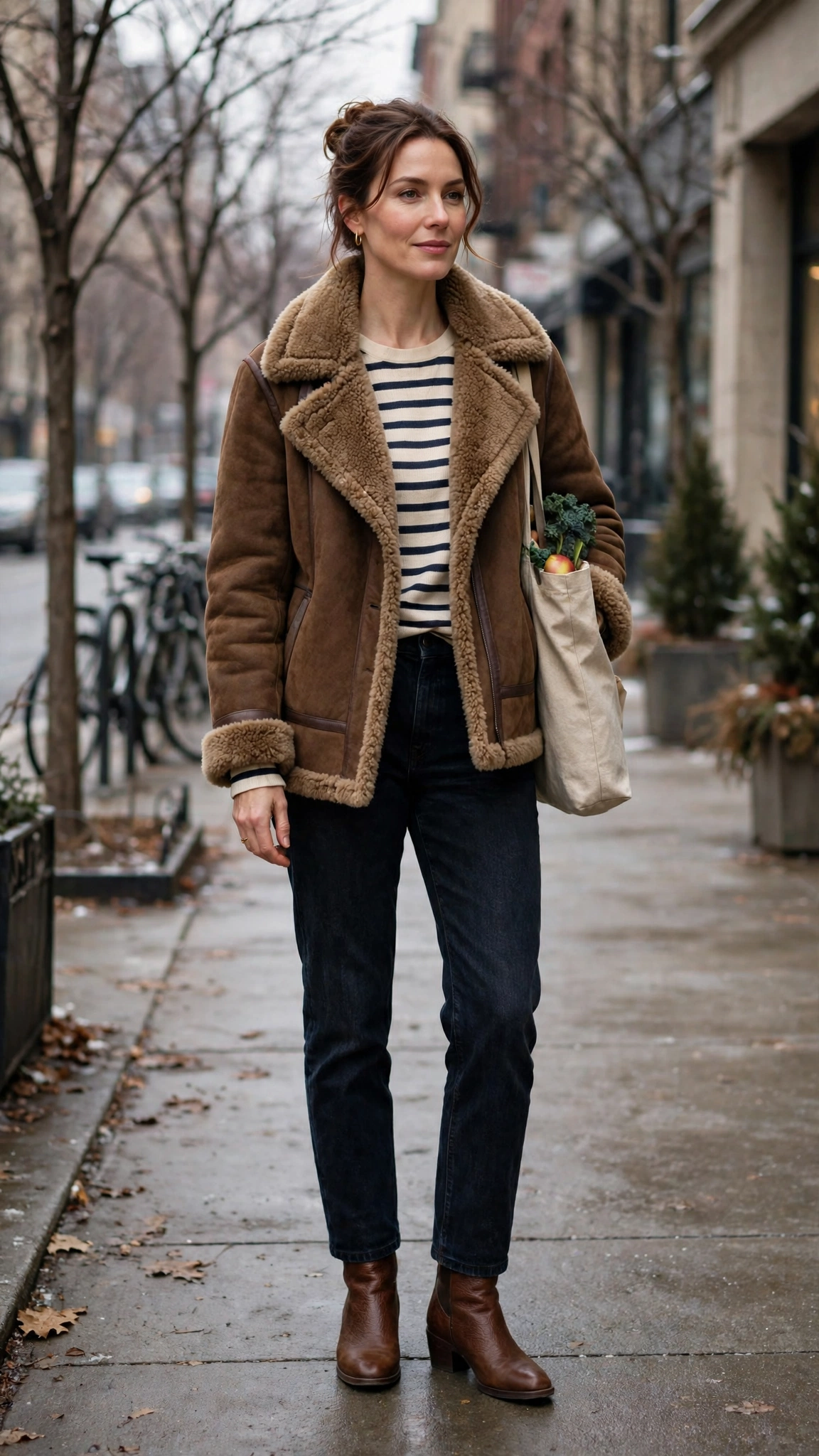 Cream Accent Brown Shearling Coat with dark jeans