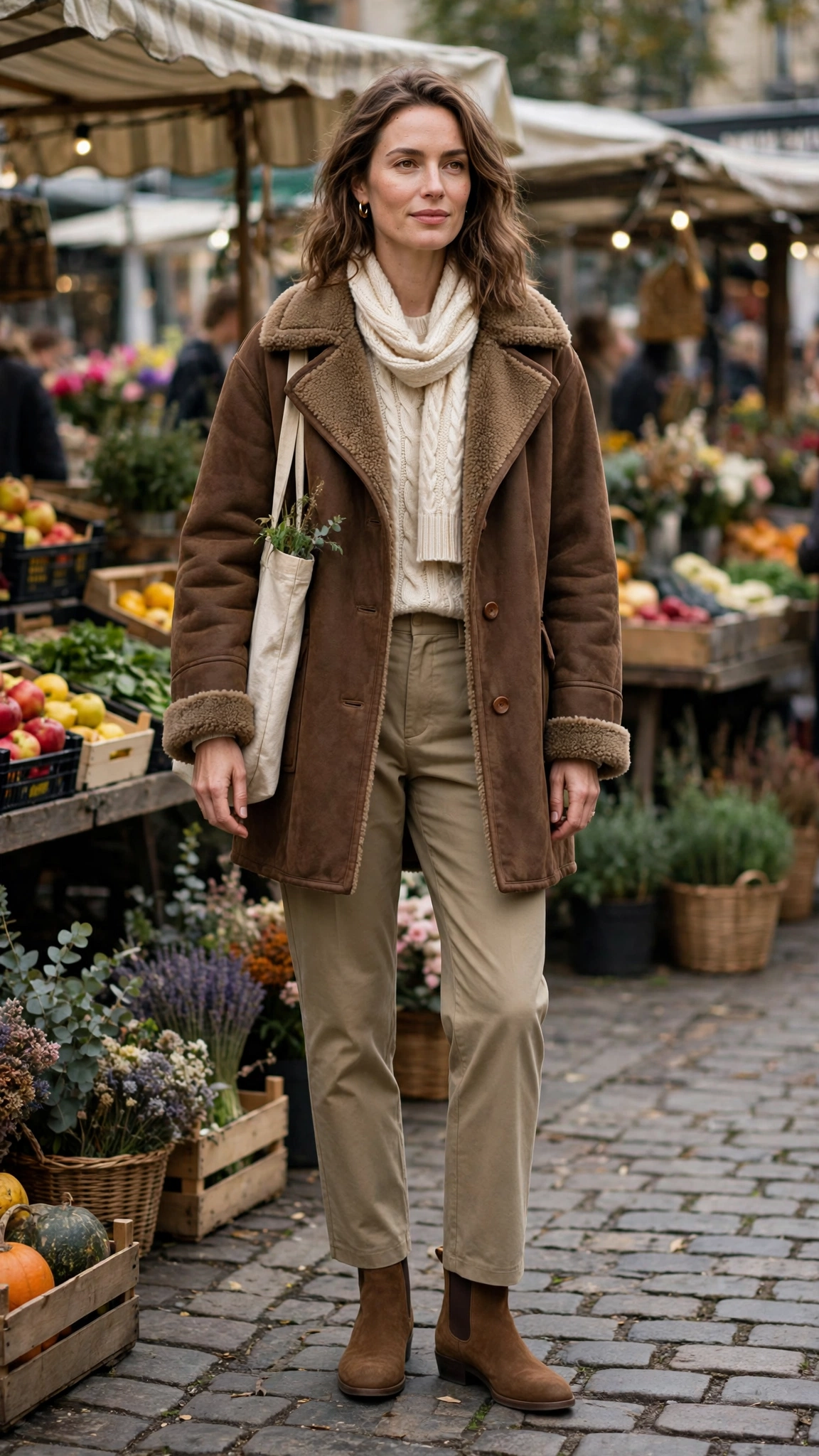 Cream Accent Brown Shearling Coat with khaki trousers