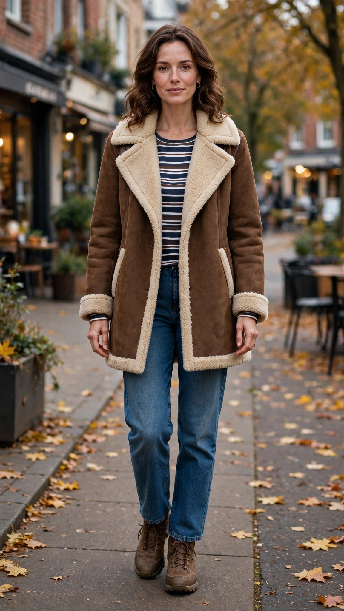 Brown Accent Brown Shearling Coat with blue jeans