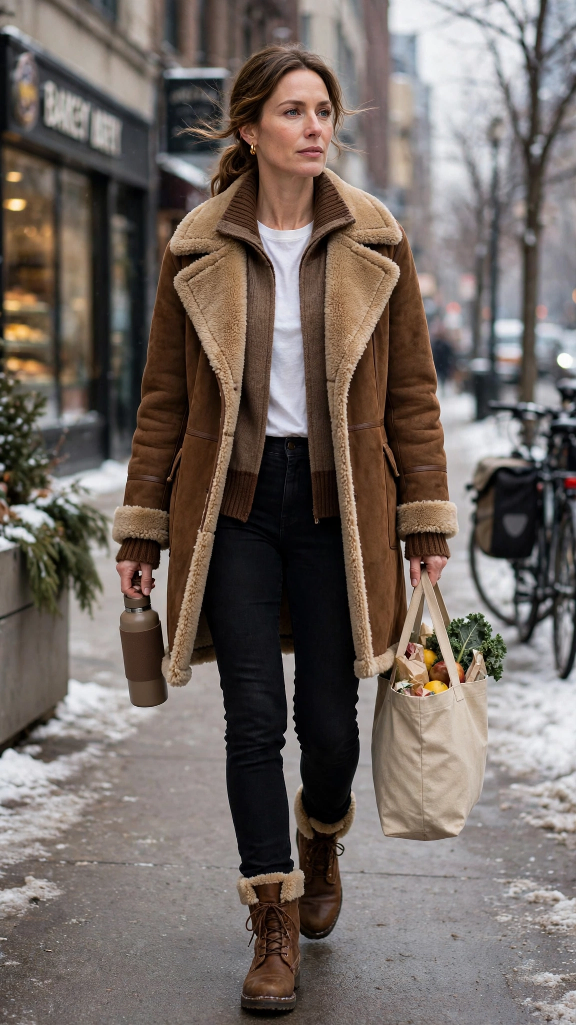 Brown Accent Brown Shearling Coat with black jeans