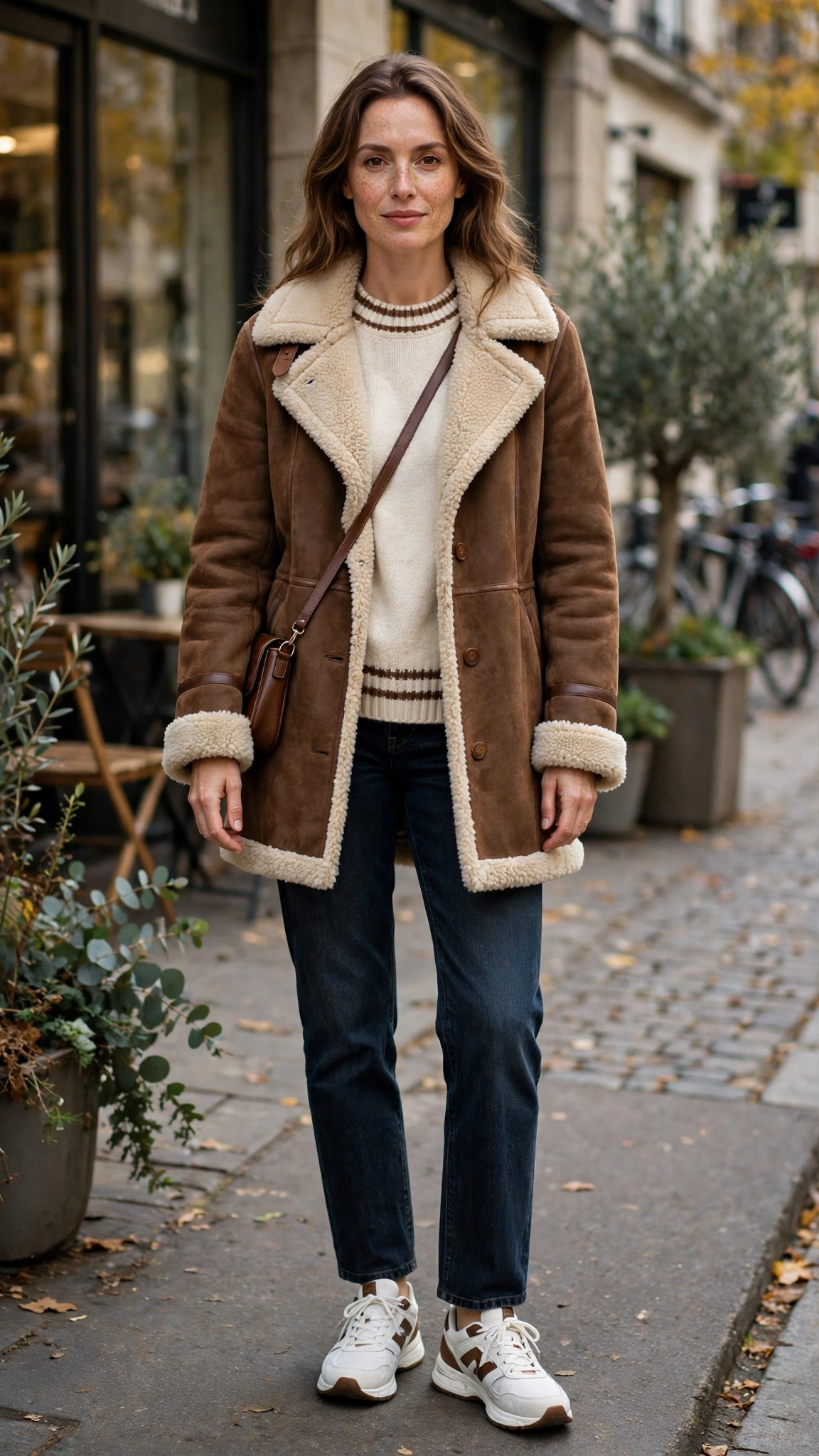 Brown Accent Brown Shearling Coat with dark jeans
