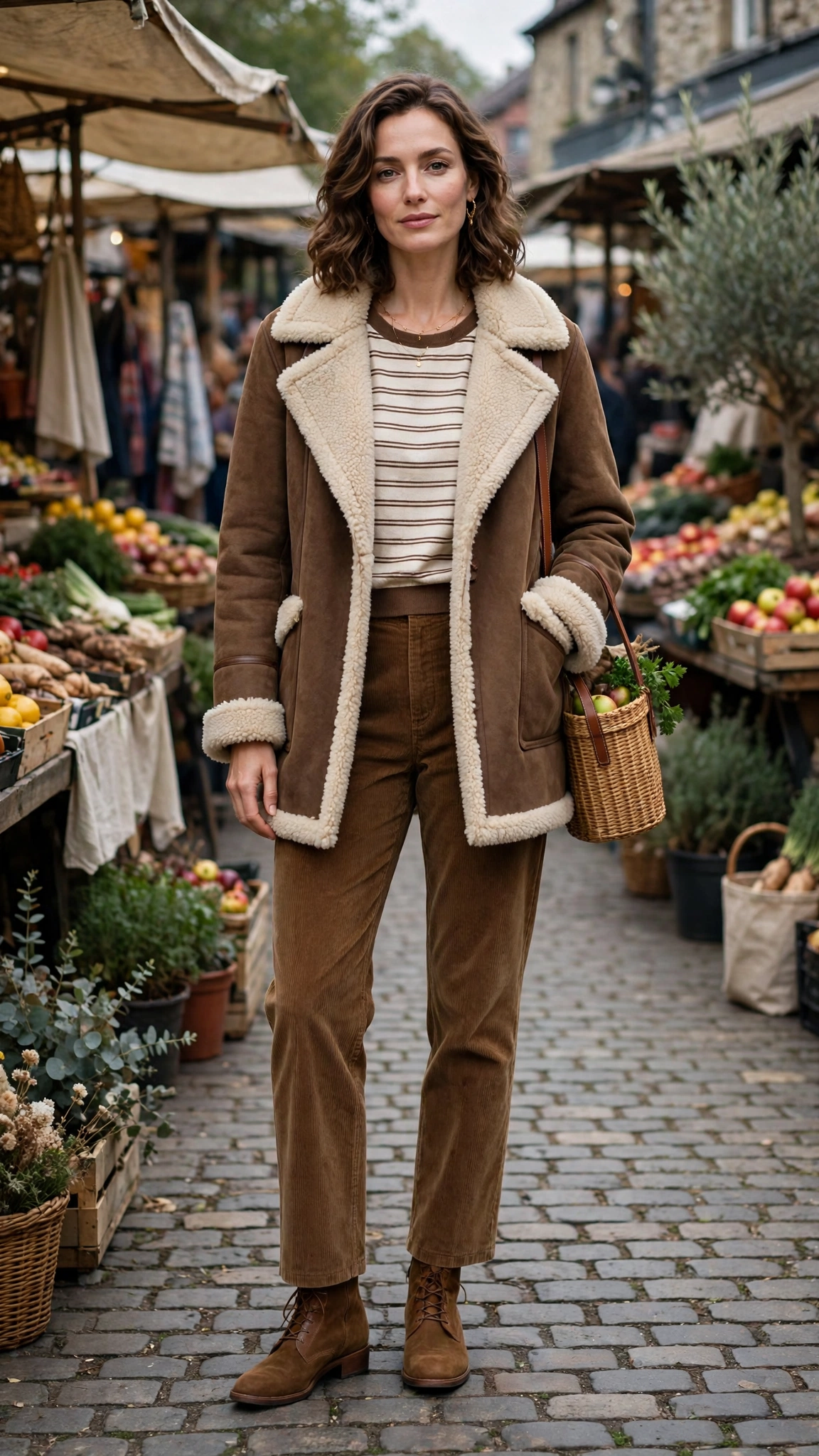Brown Accent Brown Shearling Coat with corduroy trousers