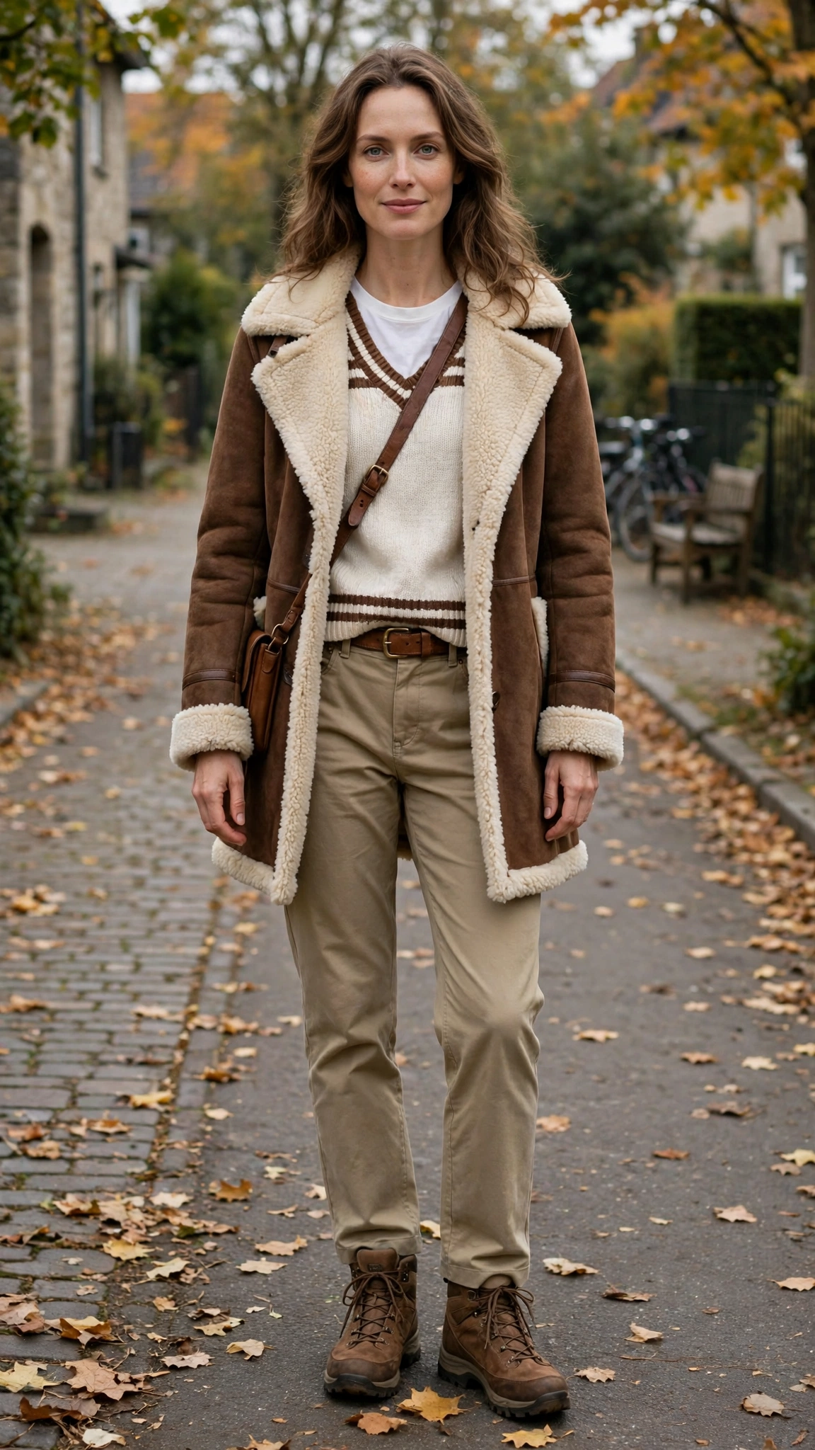 Brown Accent Brown Shearling Coat with khaki trousers