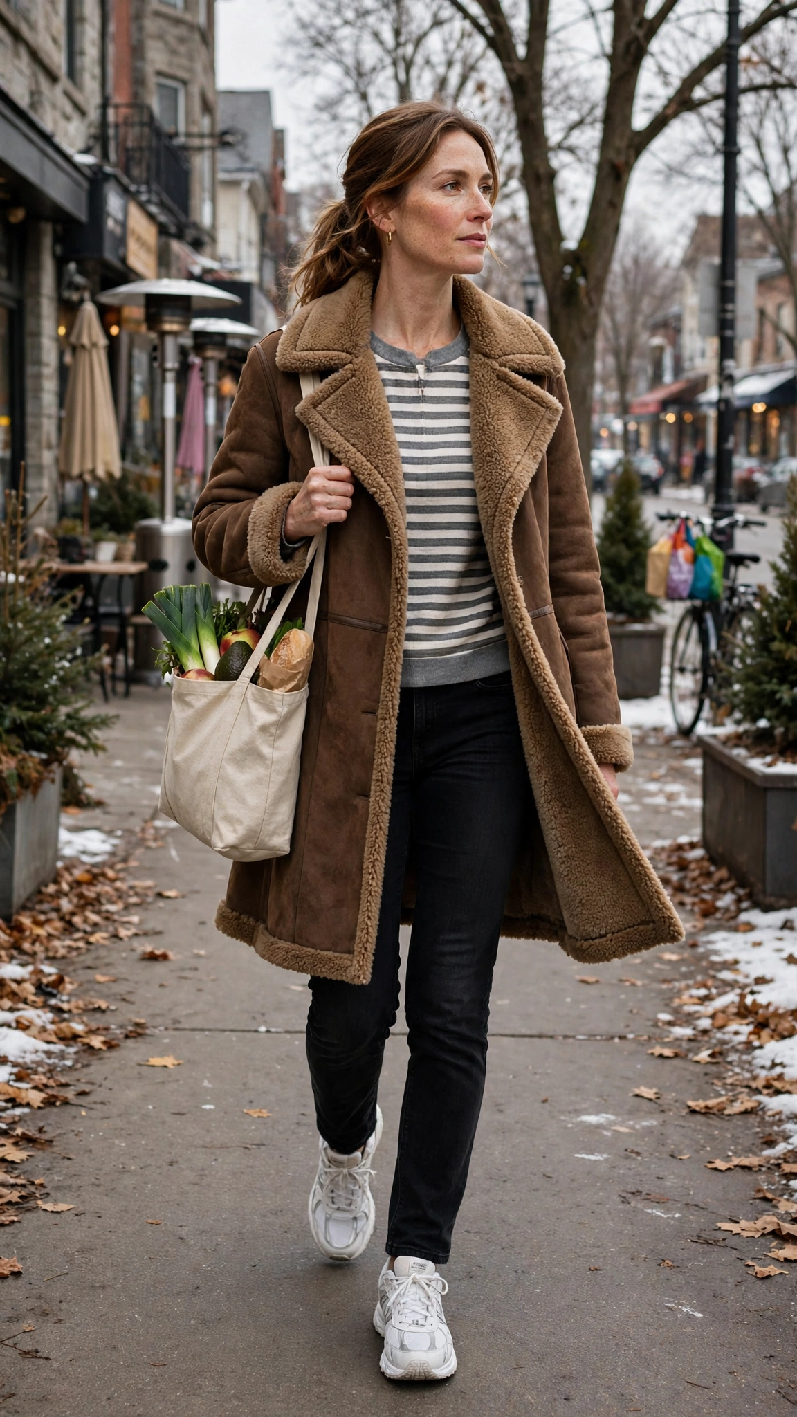 Grey Accent Brown Shearling Coat with black jeans