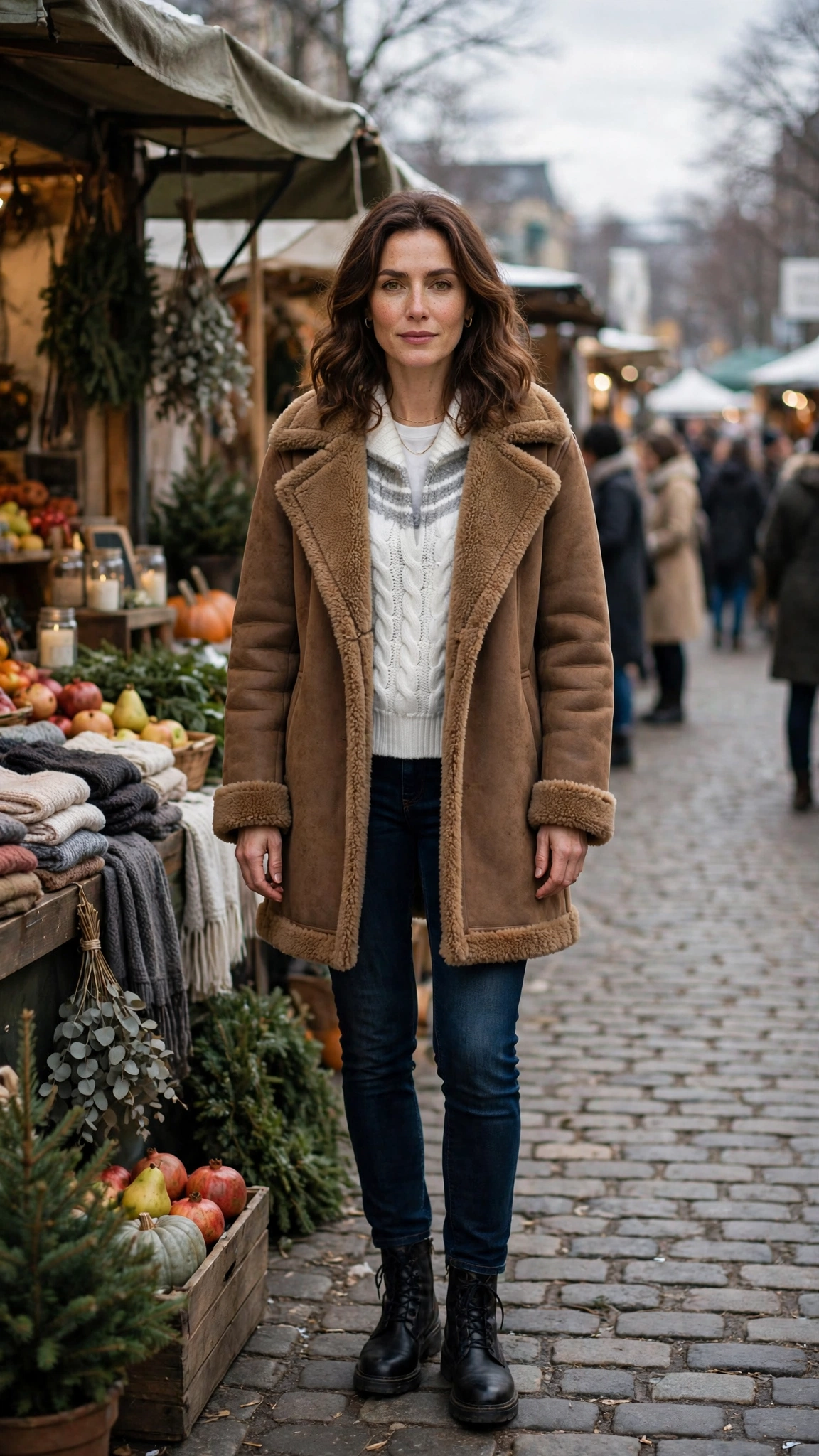 Grey Accent Brown Shearling Coat with dark jeans