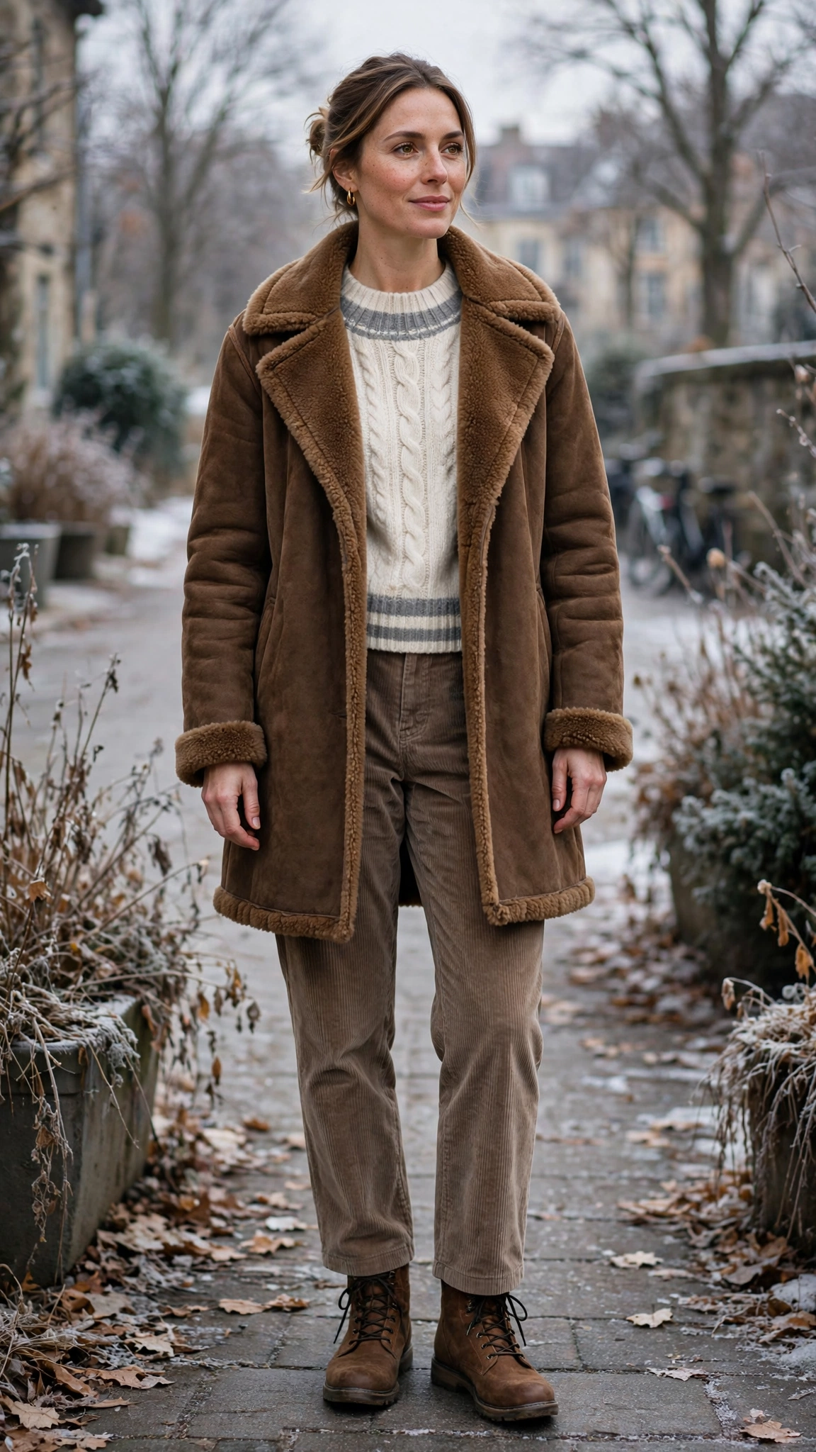 Grey Accent Brown Shearling Coat with corduroy trousers