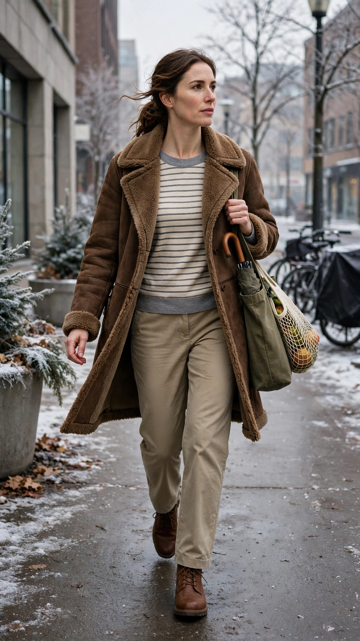 Grey Accent Brown Shearling Coat with khaki trousers