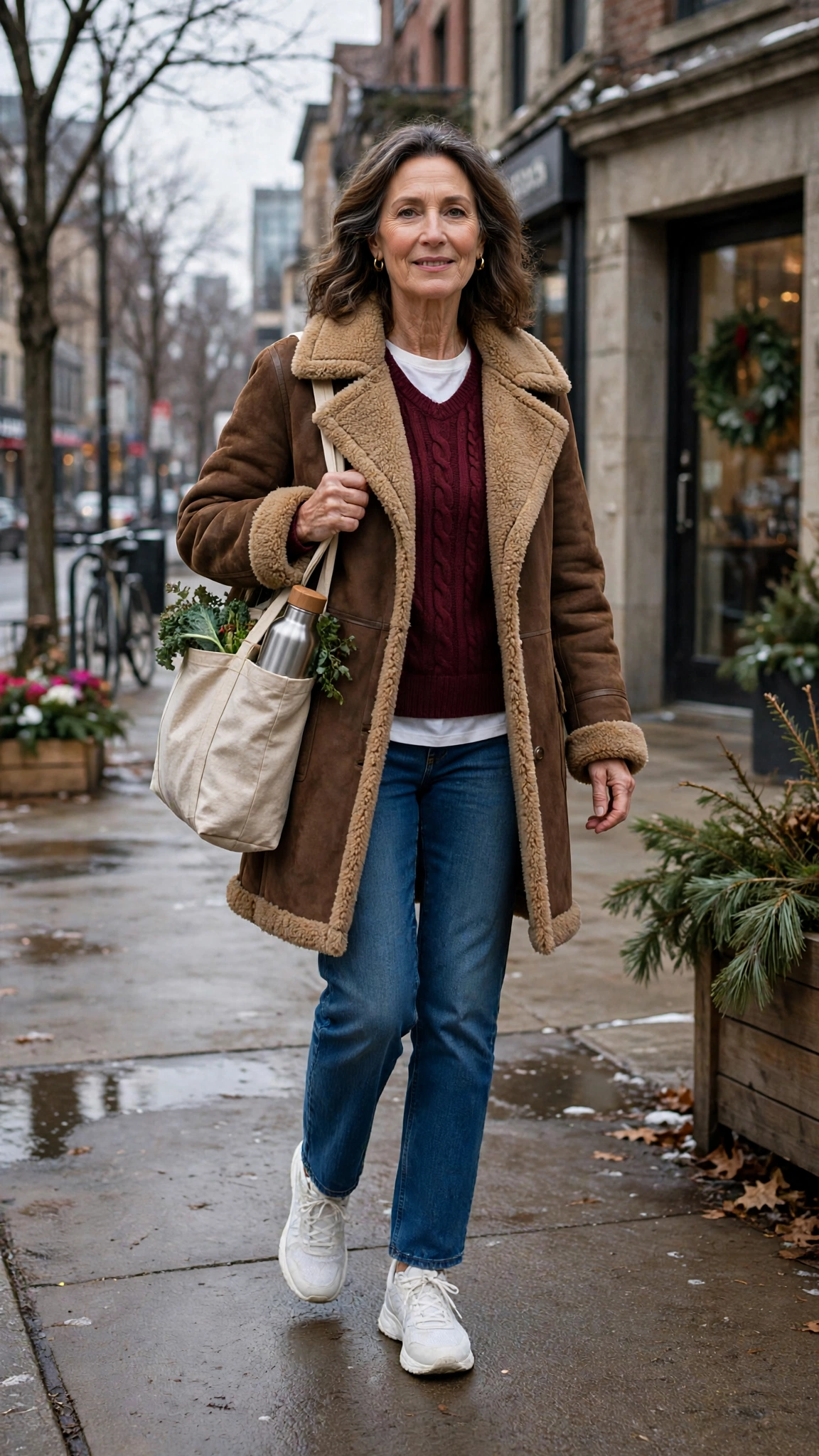 Burgundy Accent Brown Shearling Coat with blue jeans