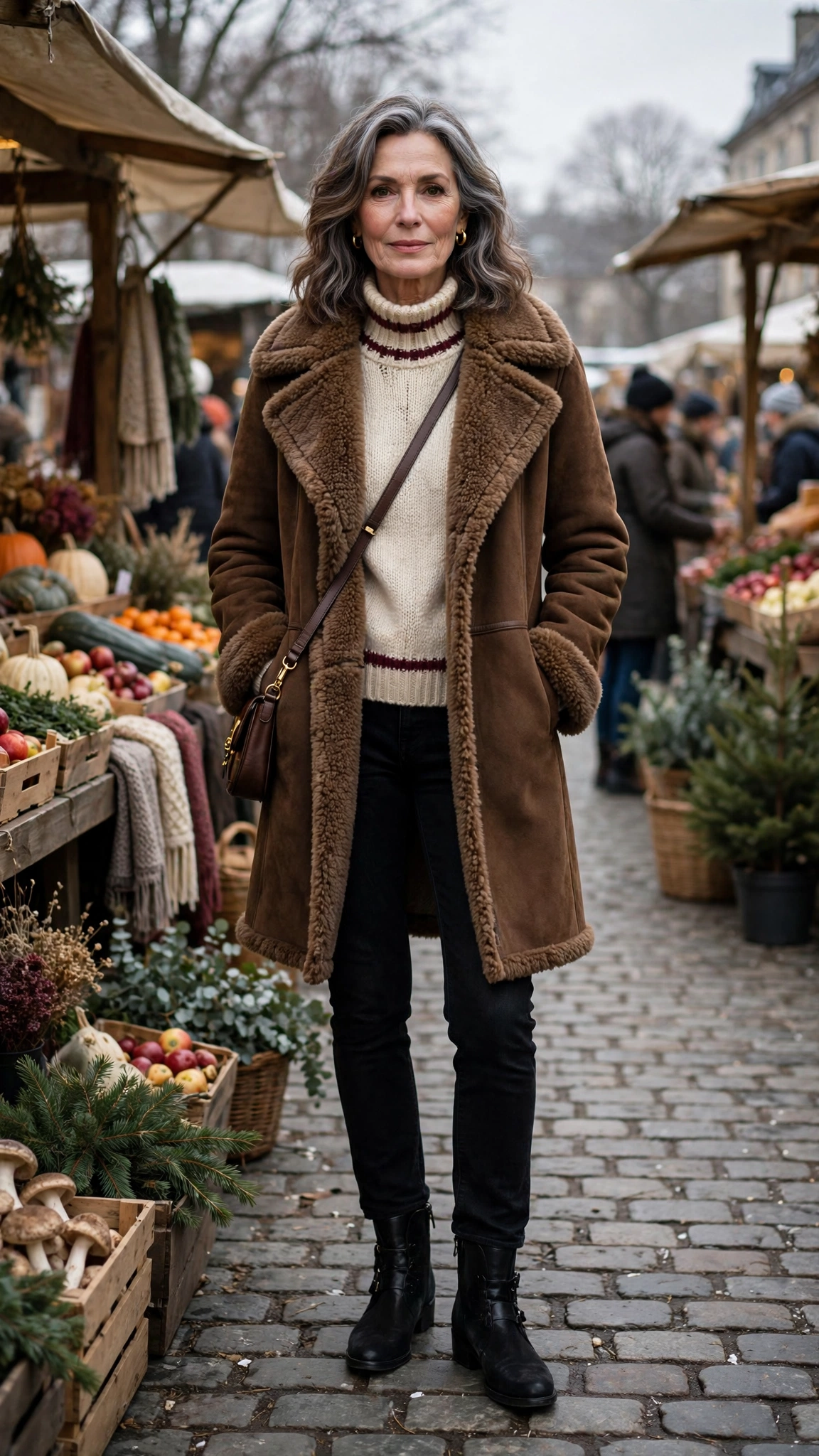 Burgundy Accent Brown Shearling Coat with black jeans