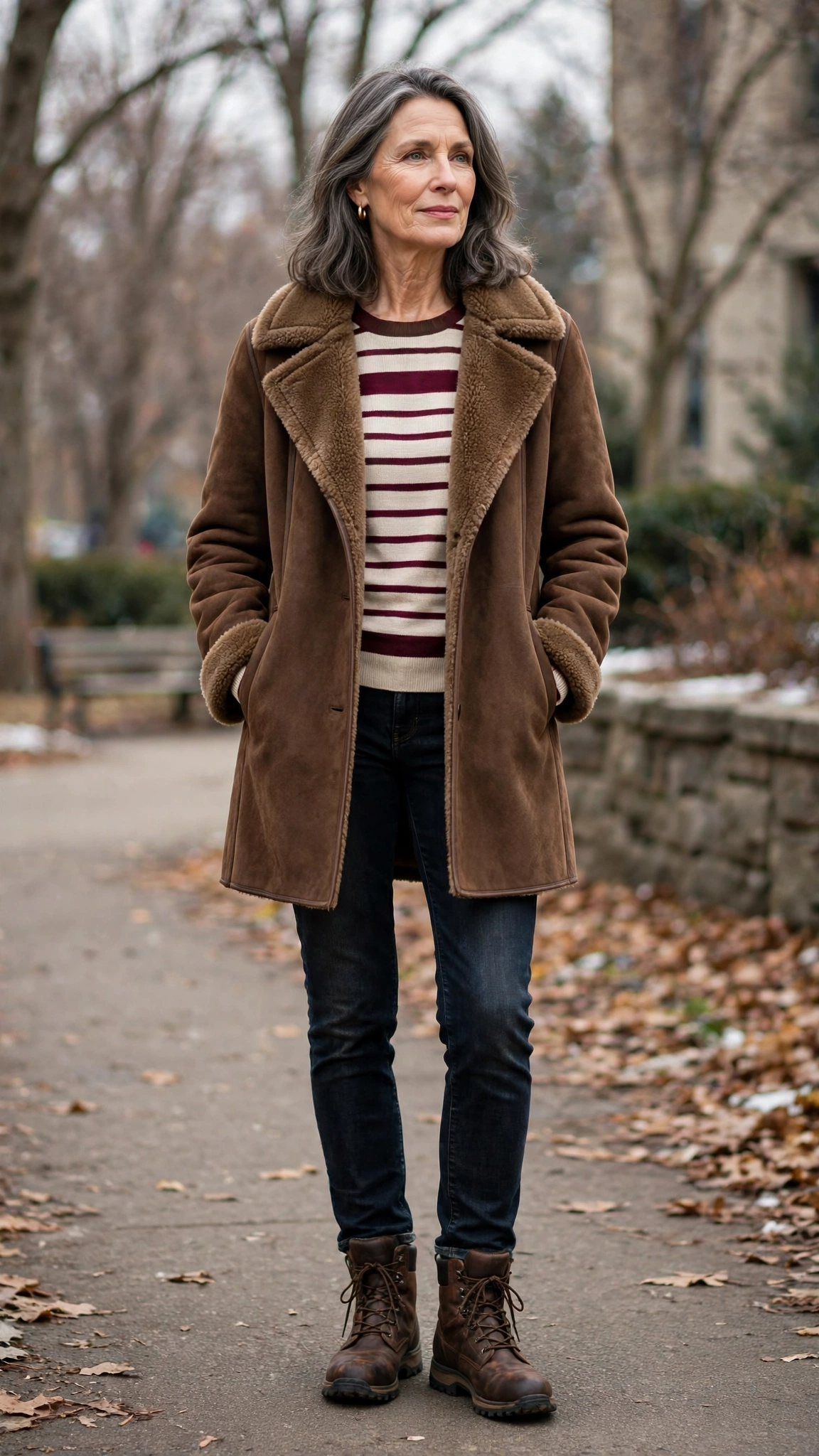 Burgundy Accent Brown Shearling Coat with dark jeans