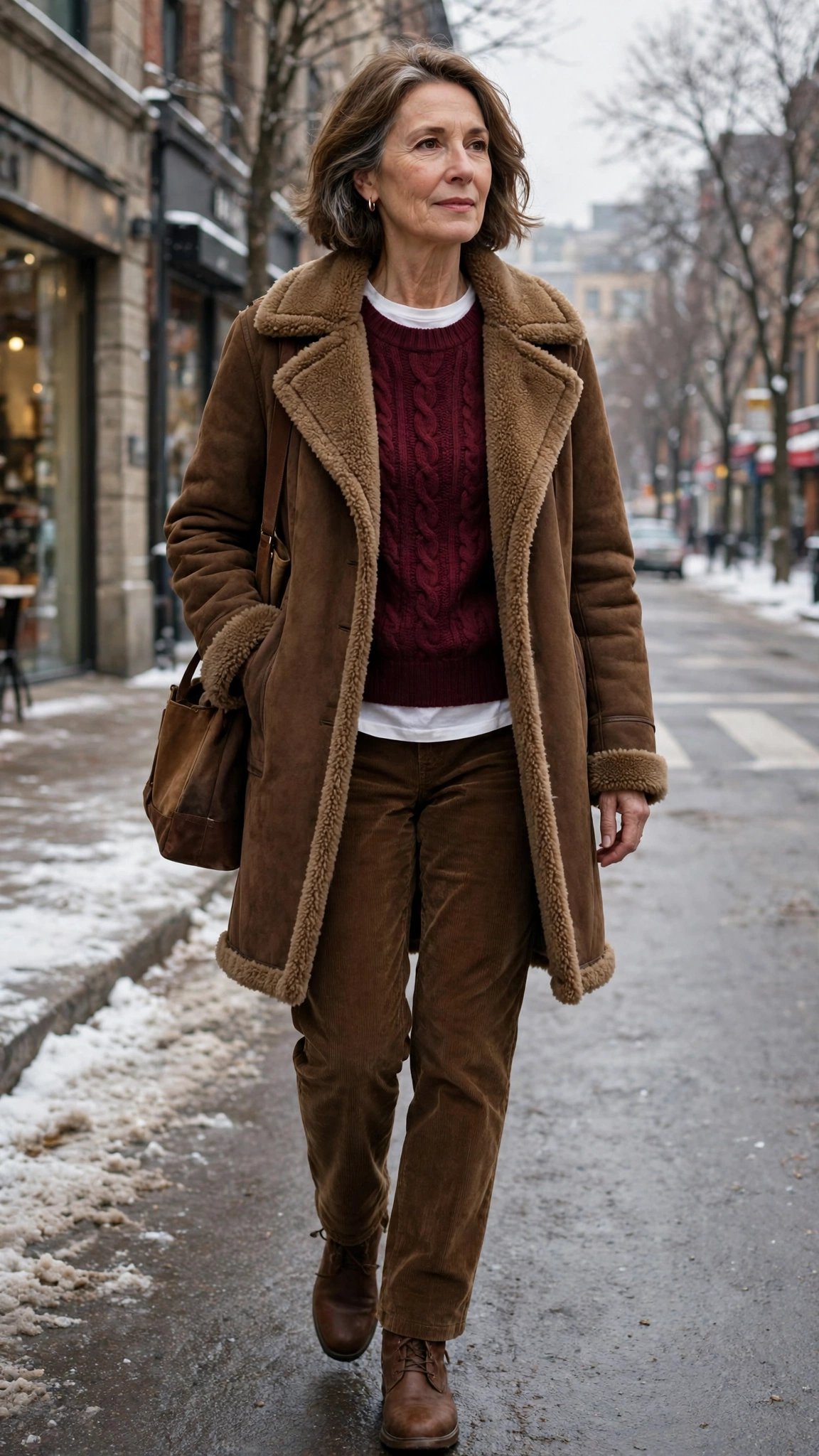 Burgundy Accent Brown Shearling Coat with corduroy trousers