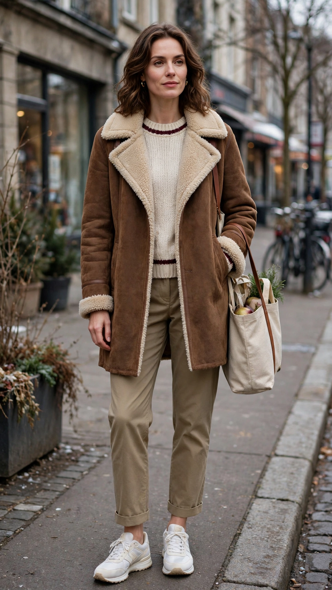 Burgundy Accent Brown Shearling Coat with khaki trousers