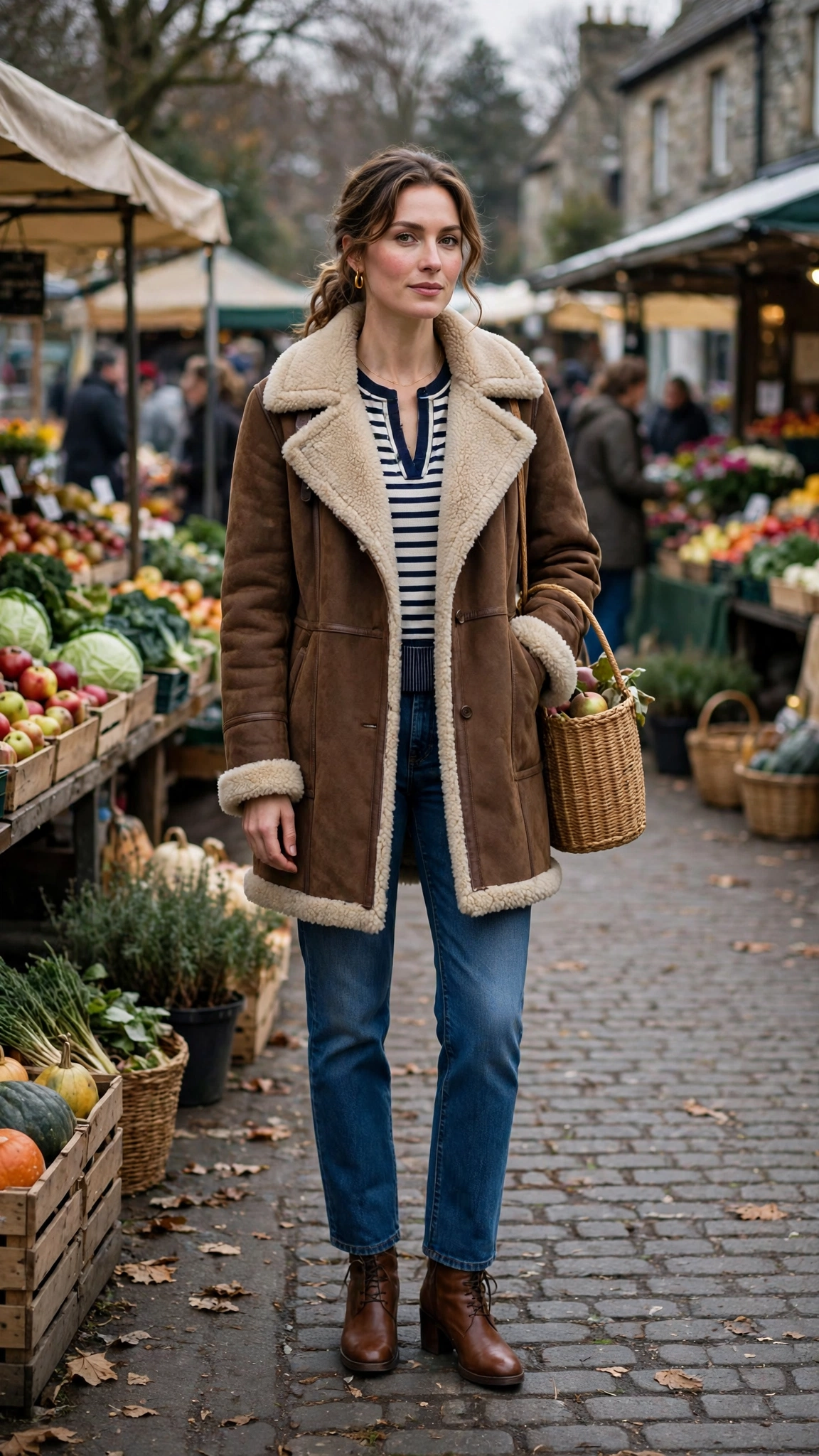 Navy Accent Brown Shearling Coat with blue jeans