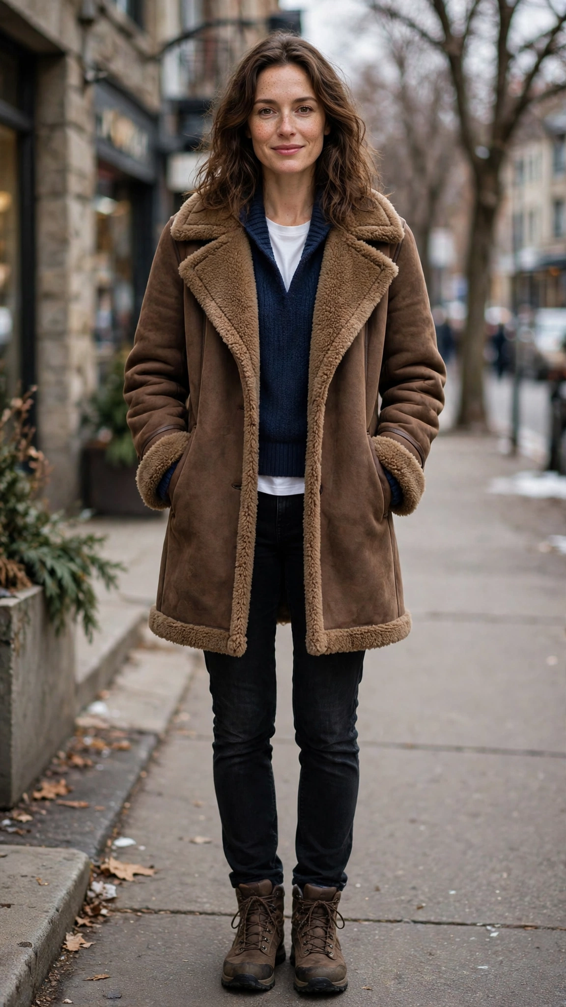Navy Accent Brown Shearling Coat with black jeans