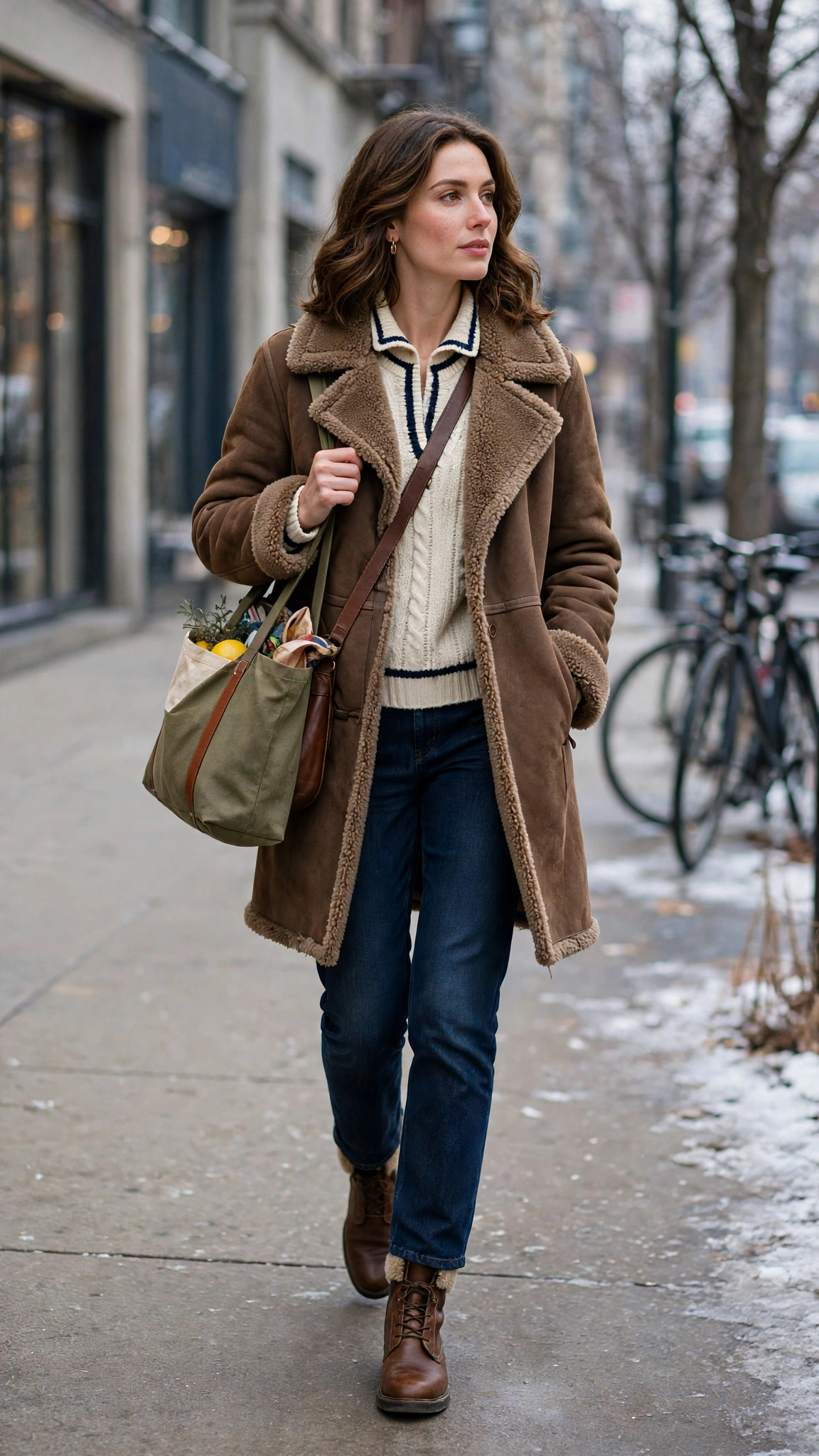 Navy Accent Brown Shearling Coat with dark jeans