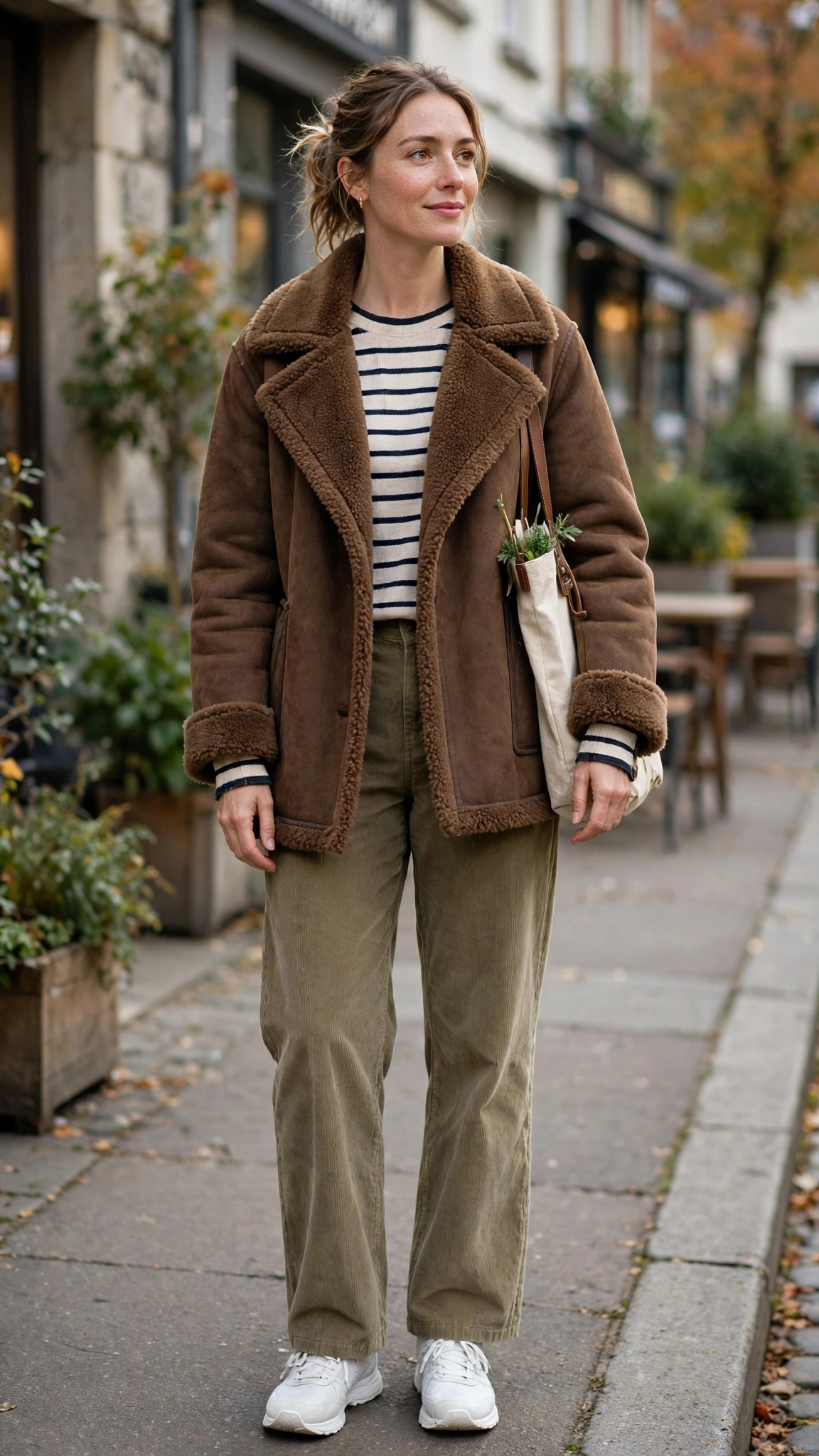 Navy Accent Brown Shearling Coat with corduroy trousers