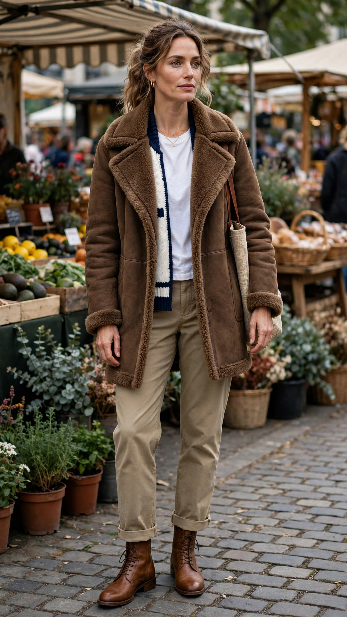Navy Accent Brown Shearling Coat with khaki trousers