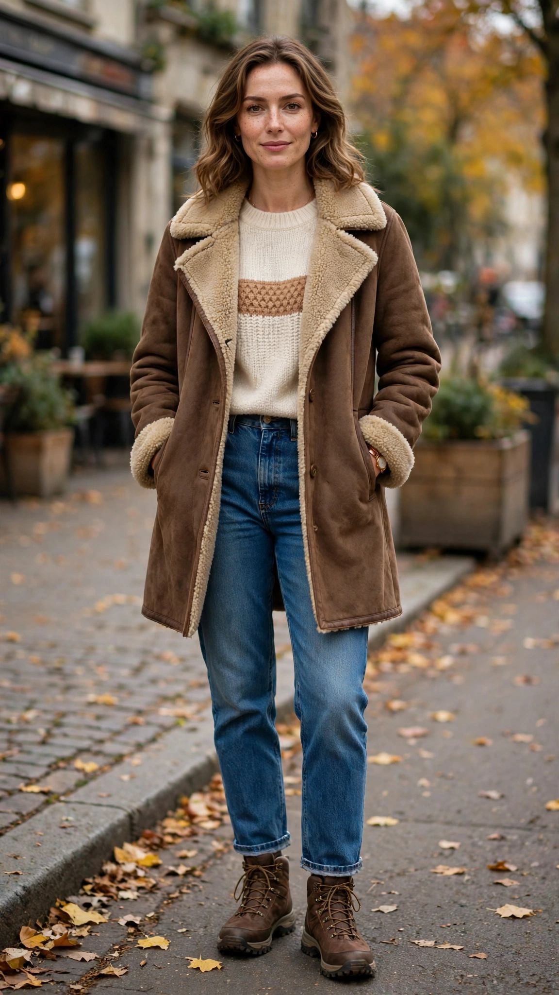 Camel Accent Brown Shearling Coat with blue jeans