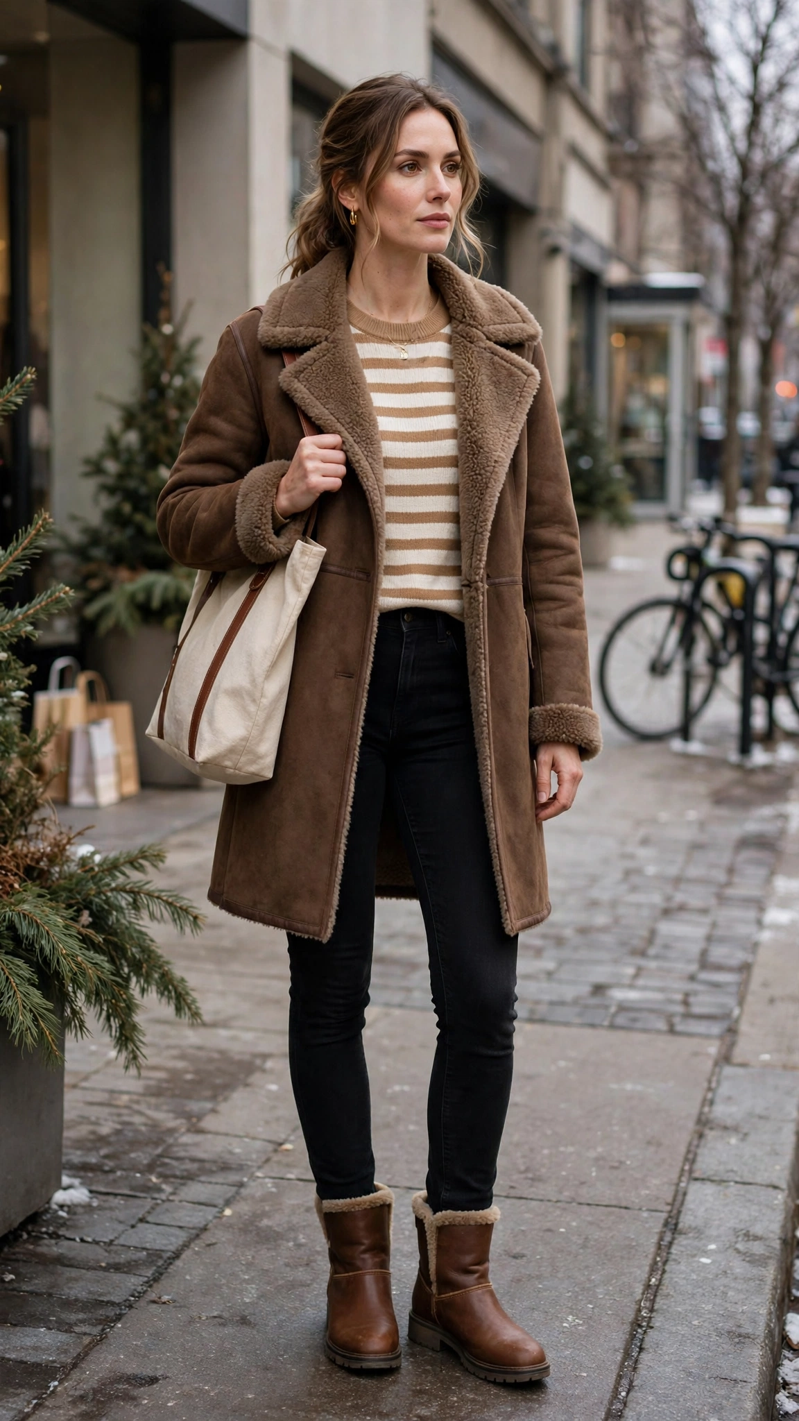 Camel Accent Brown Shearling Coat with black jeans