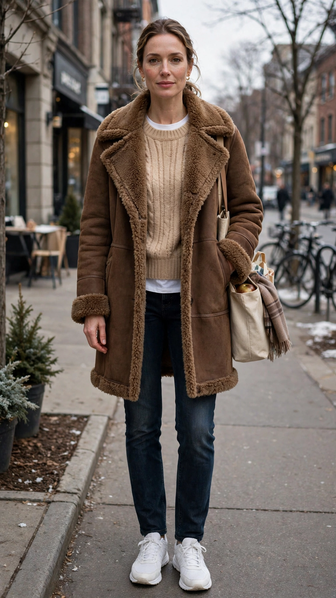 Camel Accent Brown Shearling Coat with dark jeans
