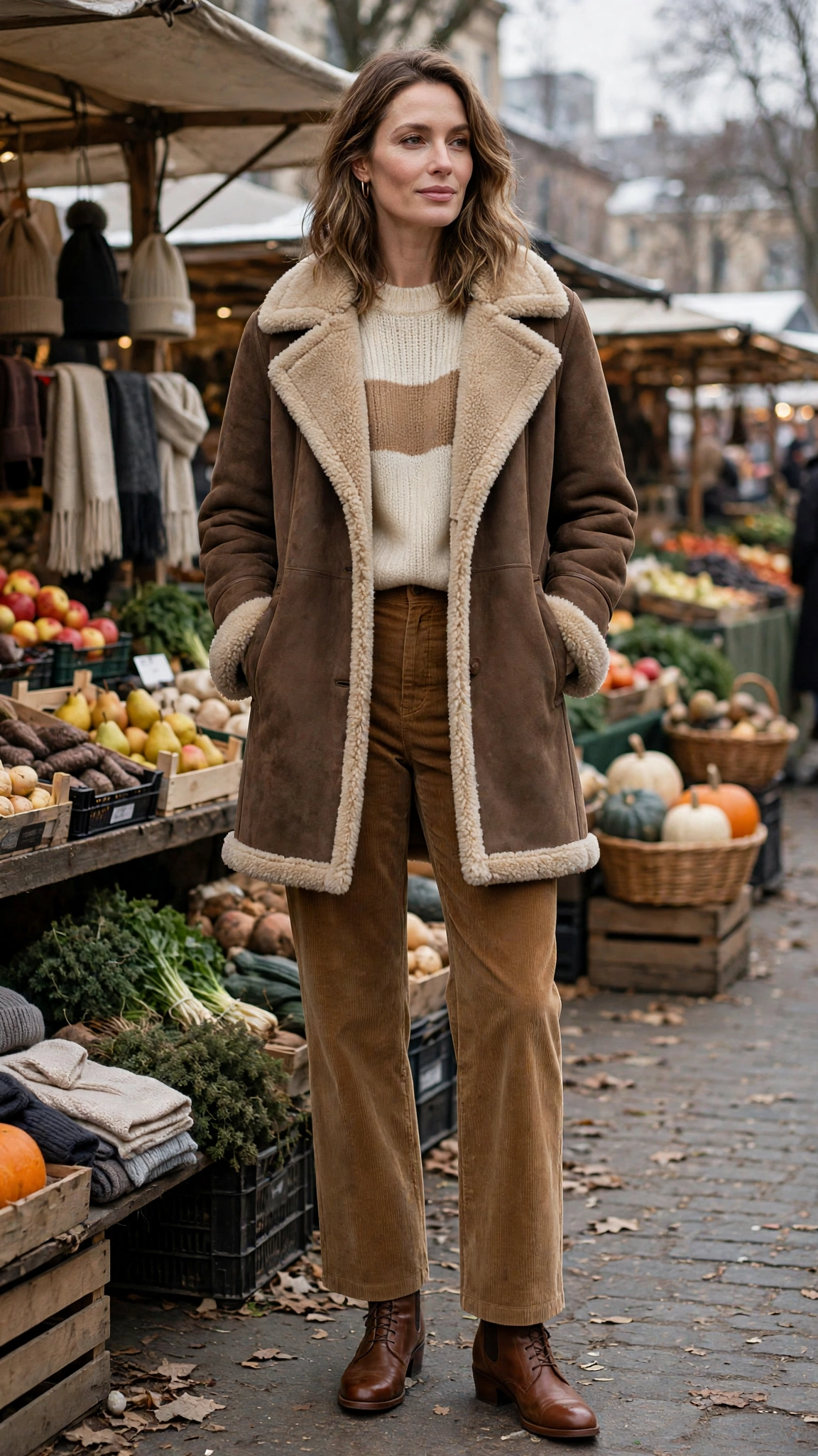Camel Accent Brown Shearling Coat with corduroy trousers