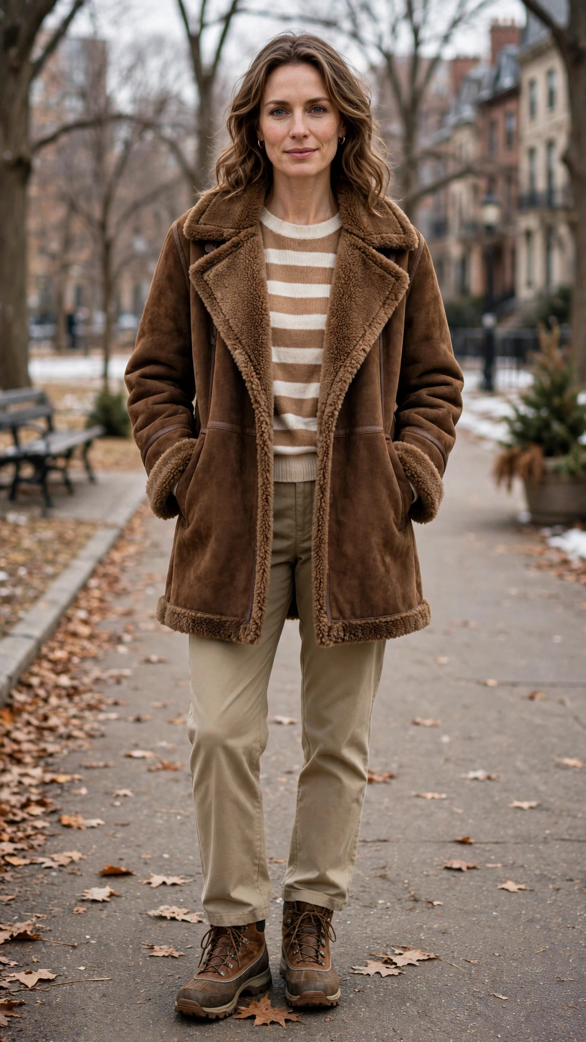 Camel Accent Brown Shearling Coat with khaki trousers