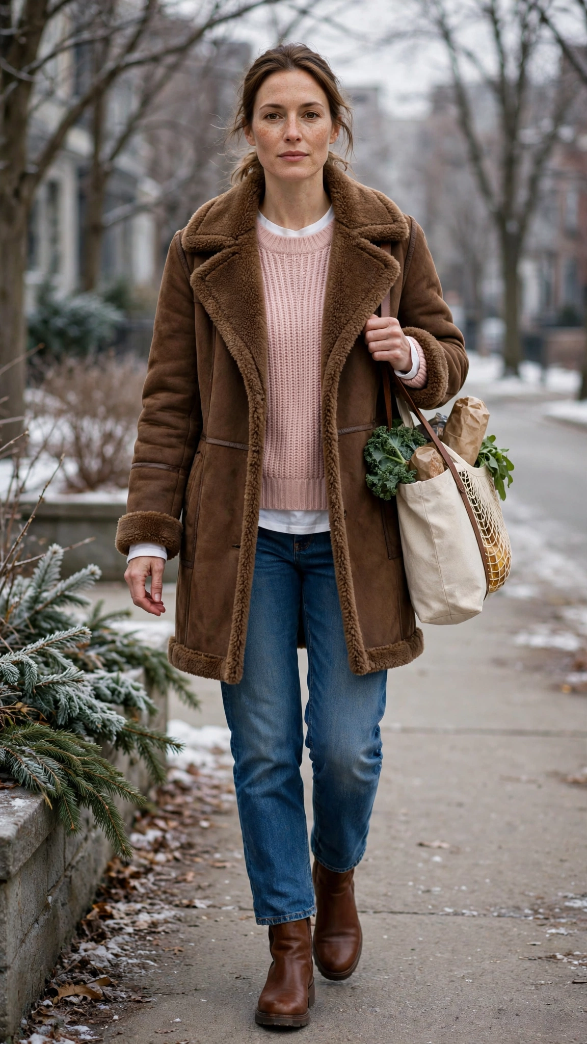 Blush Pink Accent Brown Shearling Coat with blue jeans