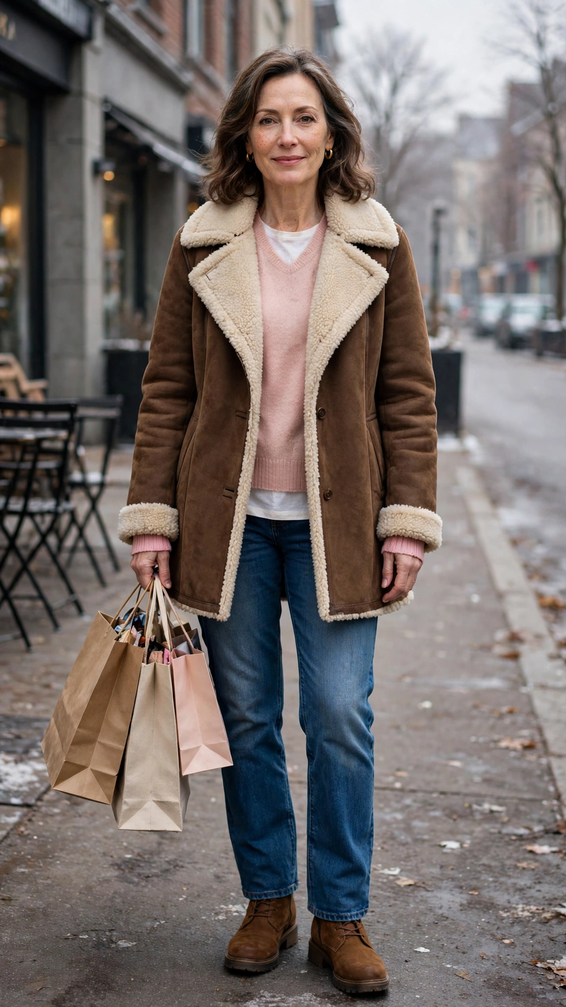 Blush Pink Accent Brown Shearling Coat with black jeans