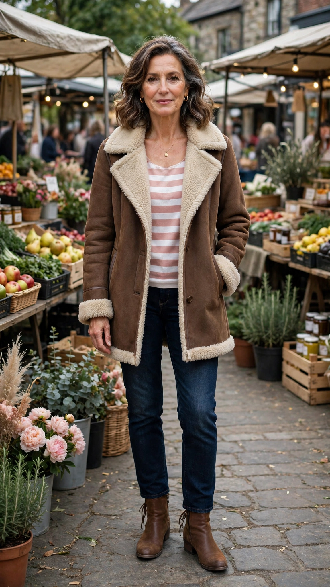 Blush Pink Accent Brown Shearling Coat with corduroy trousers
