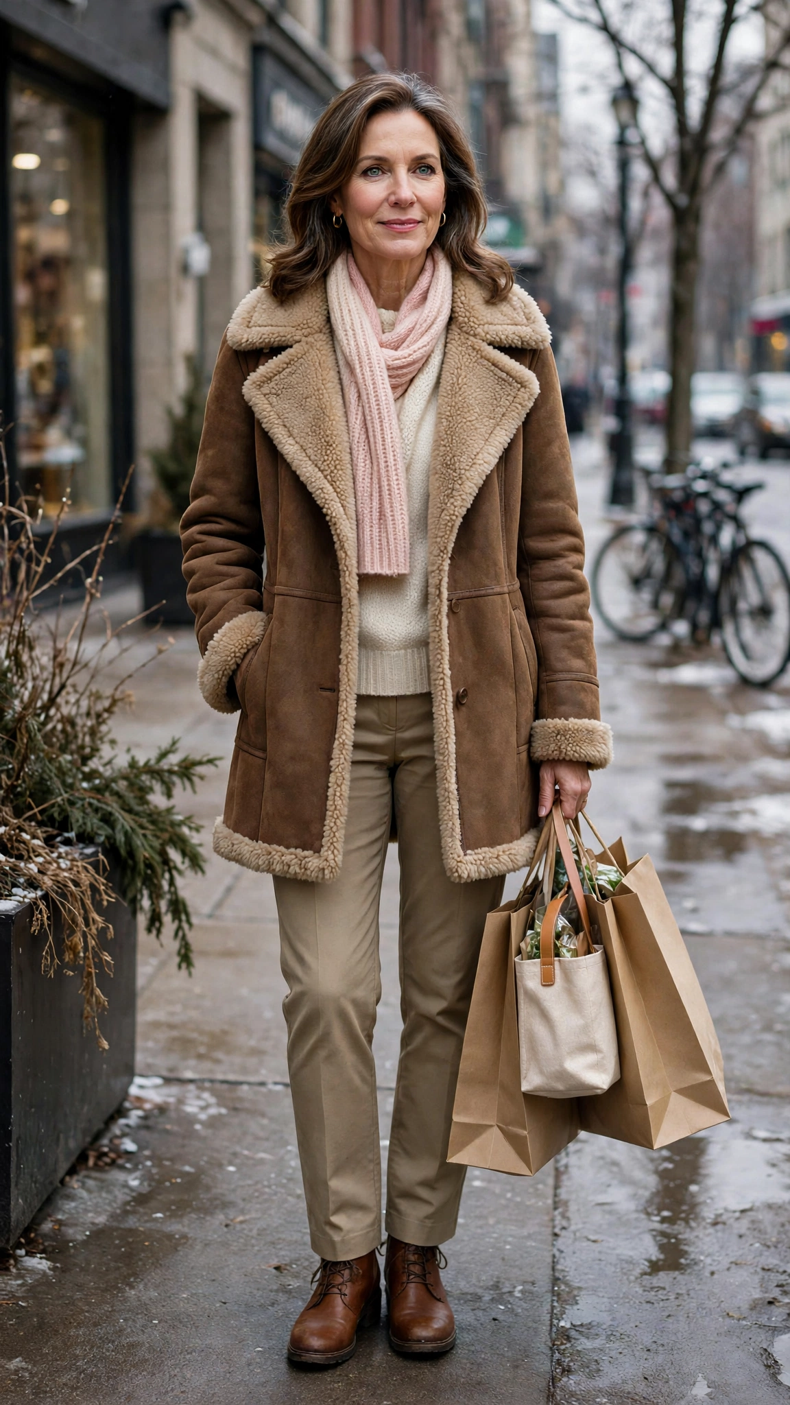 Blush Pink Accent Brown Shearling Coat with khaki trousers