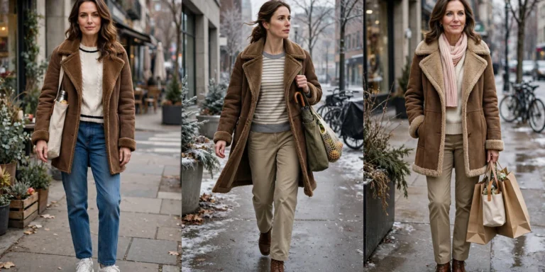 Brown shearling coat outfits for weekend errands