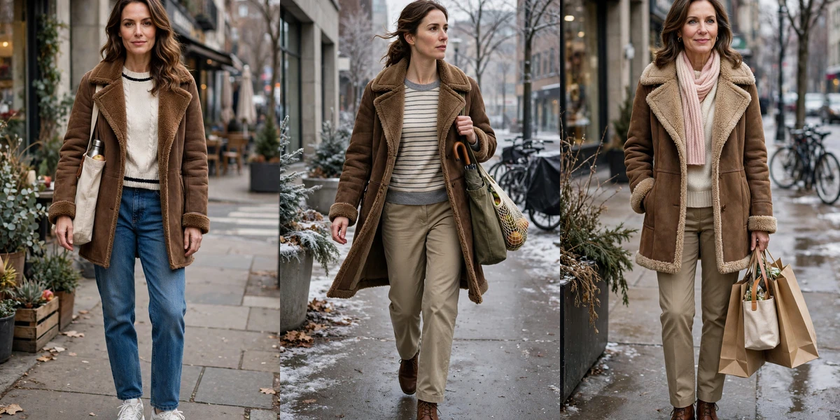 Brown shearling coat outfits for weekend errands