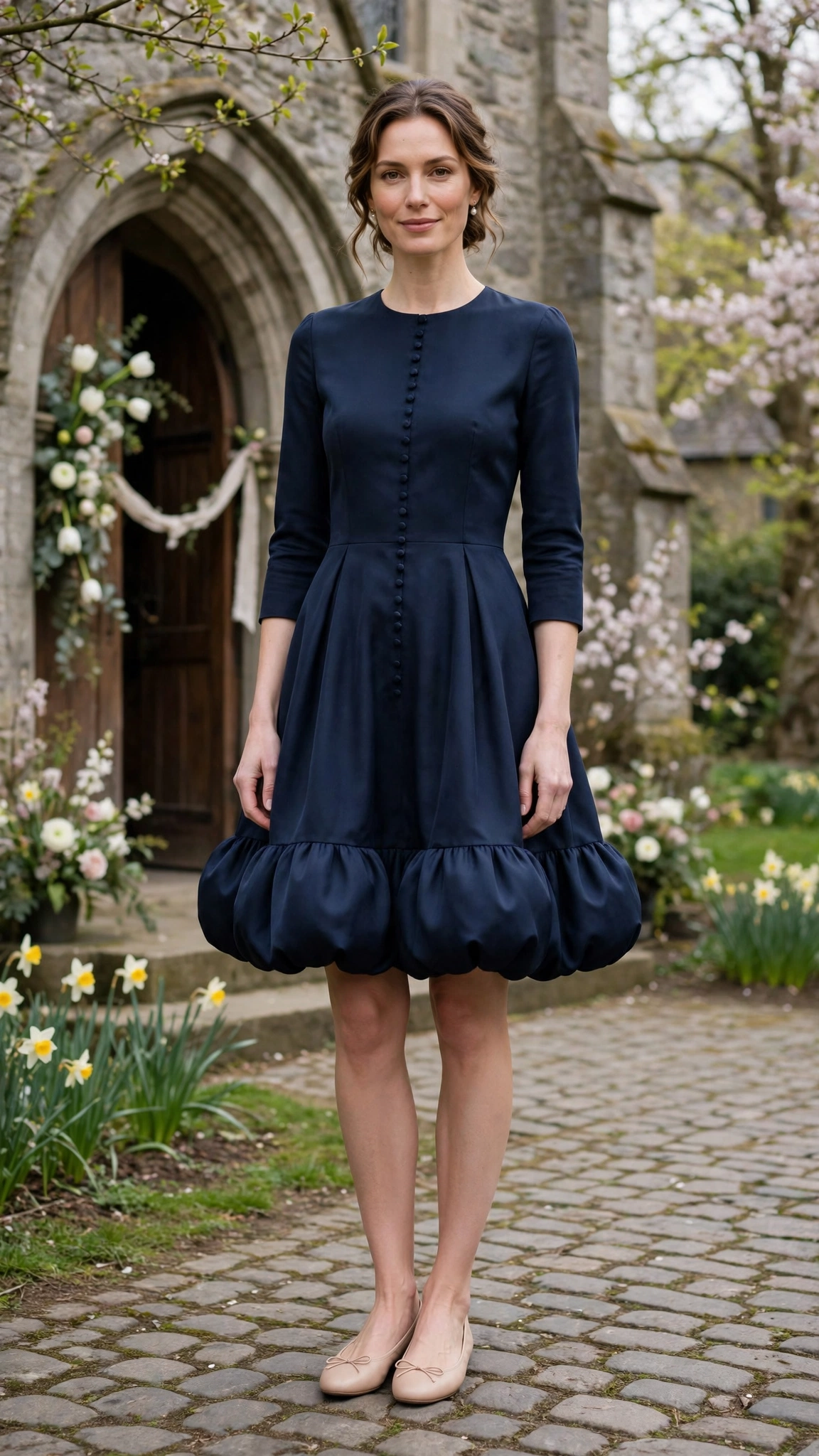 Midnight Blue Bubble Hem Dress Outfit with a three-quarter sleeve bodice and ballet flats
