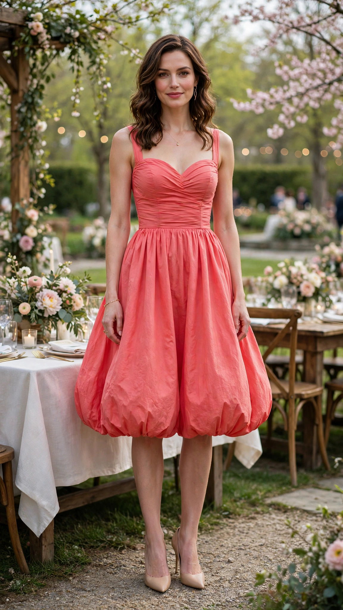 Coral Bubble Hem Dress Outfit with a sweetheart bodice and nude pumps
