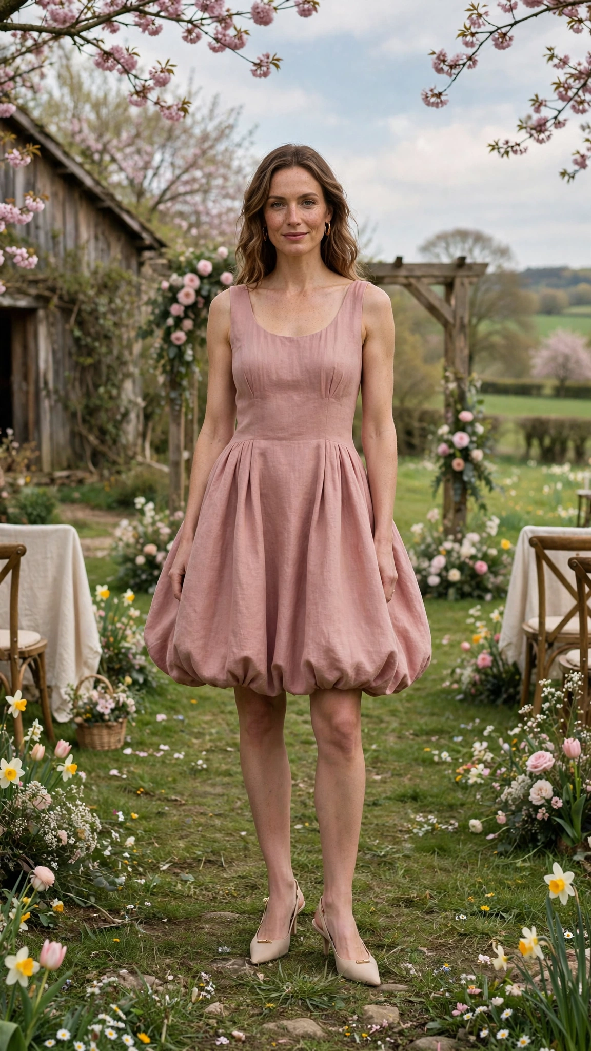 Dusty Rose Bubble Hem Dress Outfit with a sleeveless bodice and slingbacks